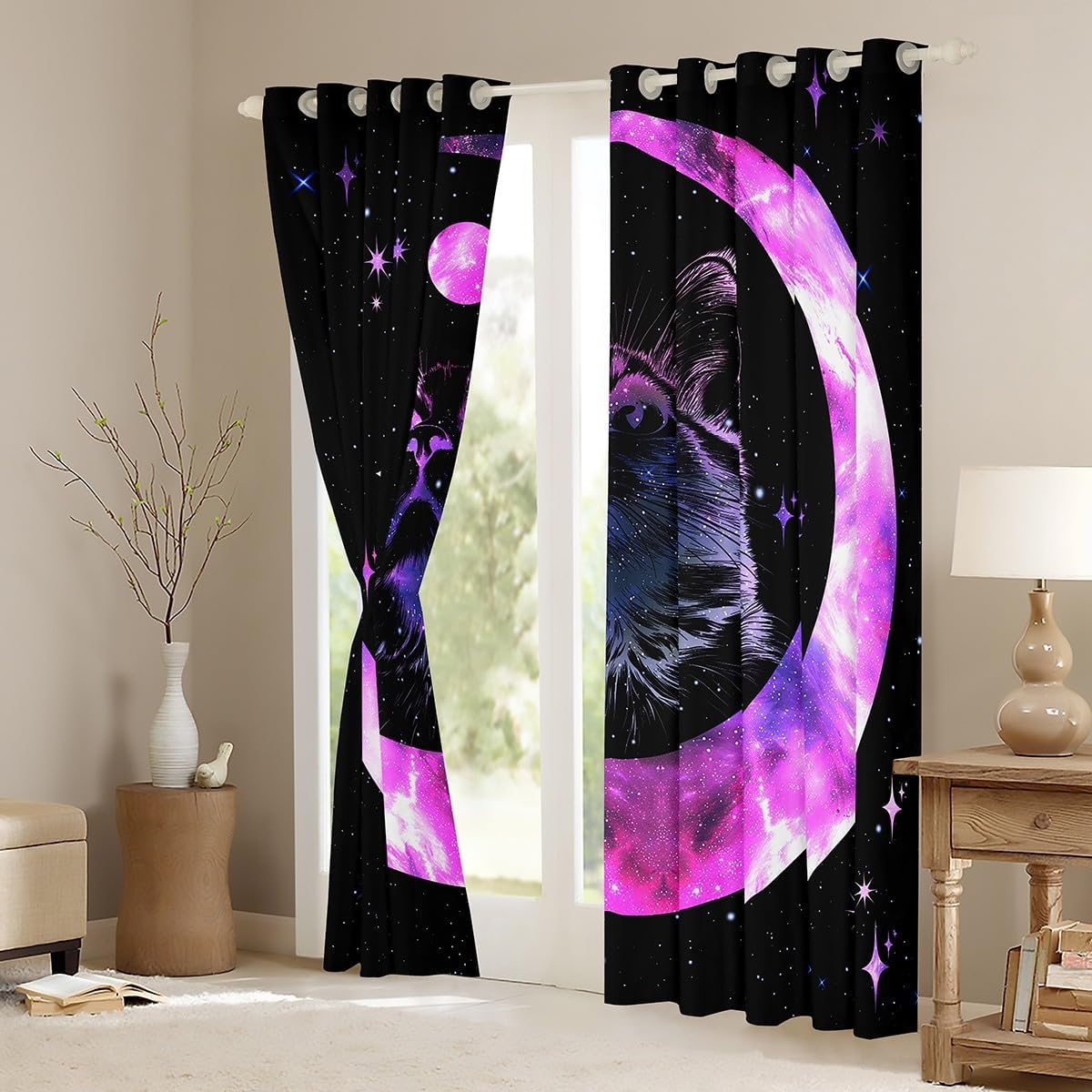 Manfei Cute Cat Kids Blackout Curtain Purple Moon Window Drapes for Boys Girls Room Decor, Black Starry Kawaii Animal Window Treatments, Grommet Top 2 Panel Set Bedroom Curtains, 42Wx84L inch