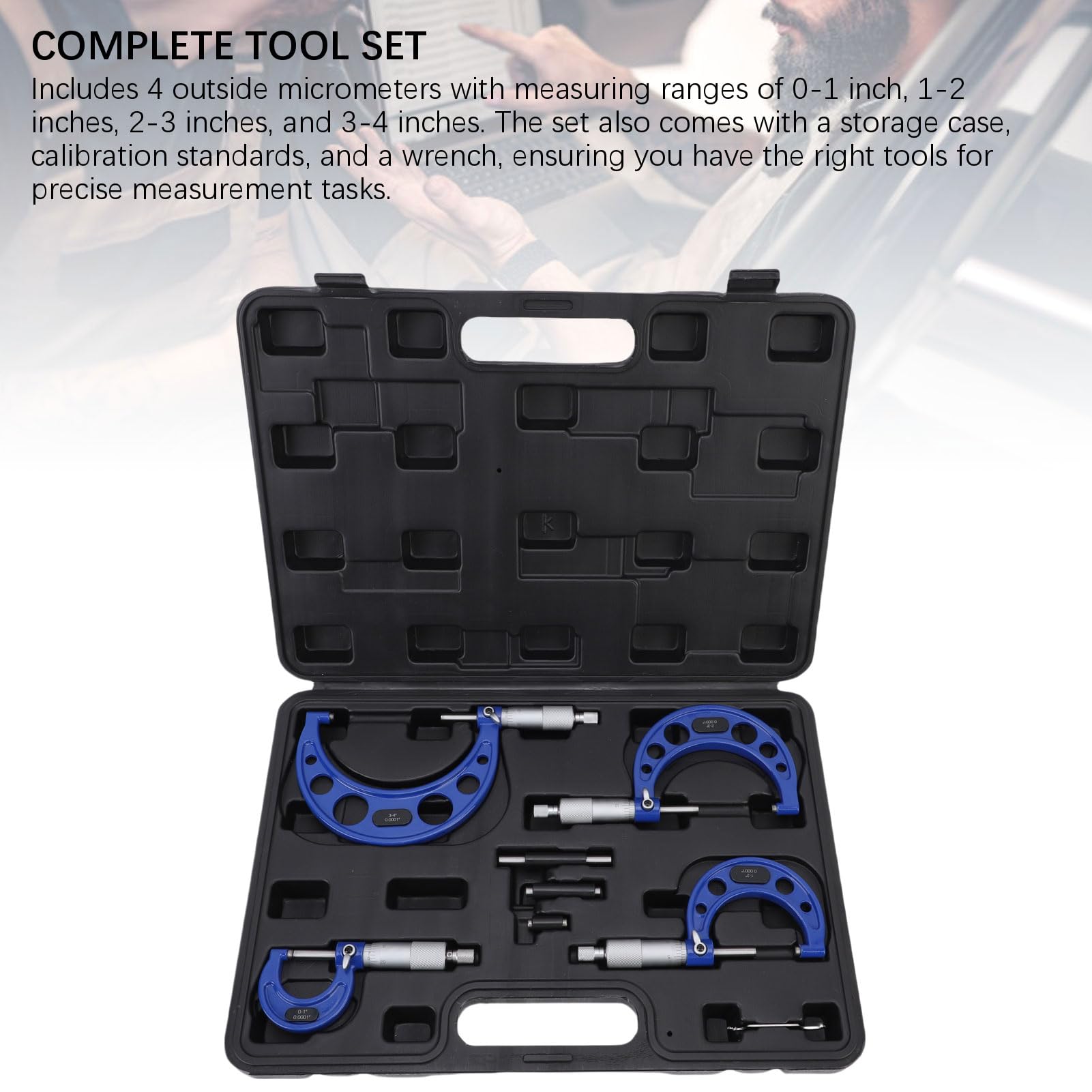 Set Micrometri Esterni, Calibro a Vite e Strumenti di Misura 4 Pezzi da 0-1 1-2 2-3 3-4 Pollici, Graduazione 0,0001 Pollici per Officina e Lavorazioni Meccaniche CNC