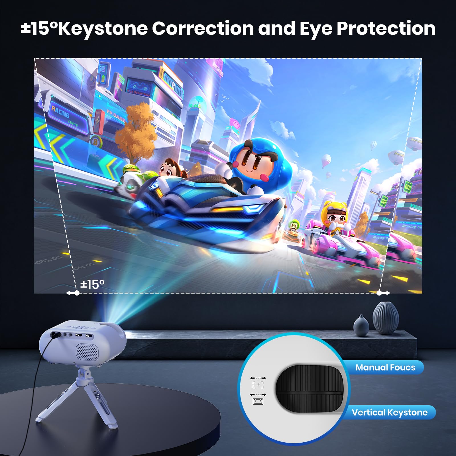 Mini Proiettore 1080P 4K Supporta con WiFi e Bluetooth,Auto Keystone & Zoom,Altoparlante Stereo, Portatile Esterno Casa,Bianco