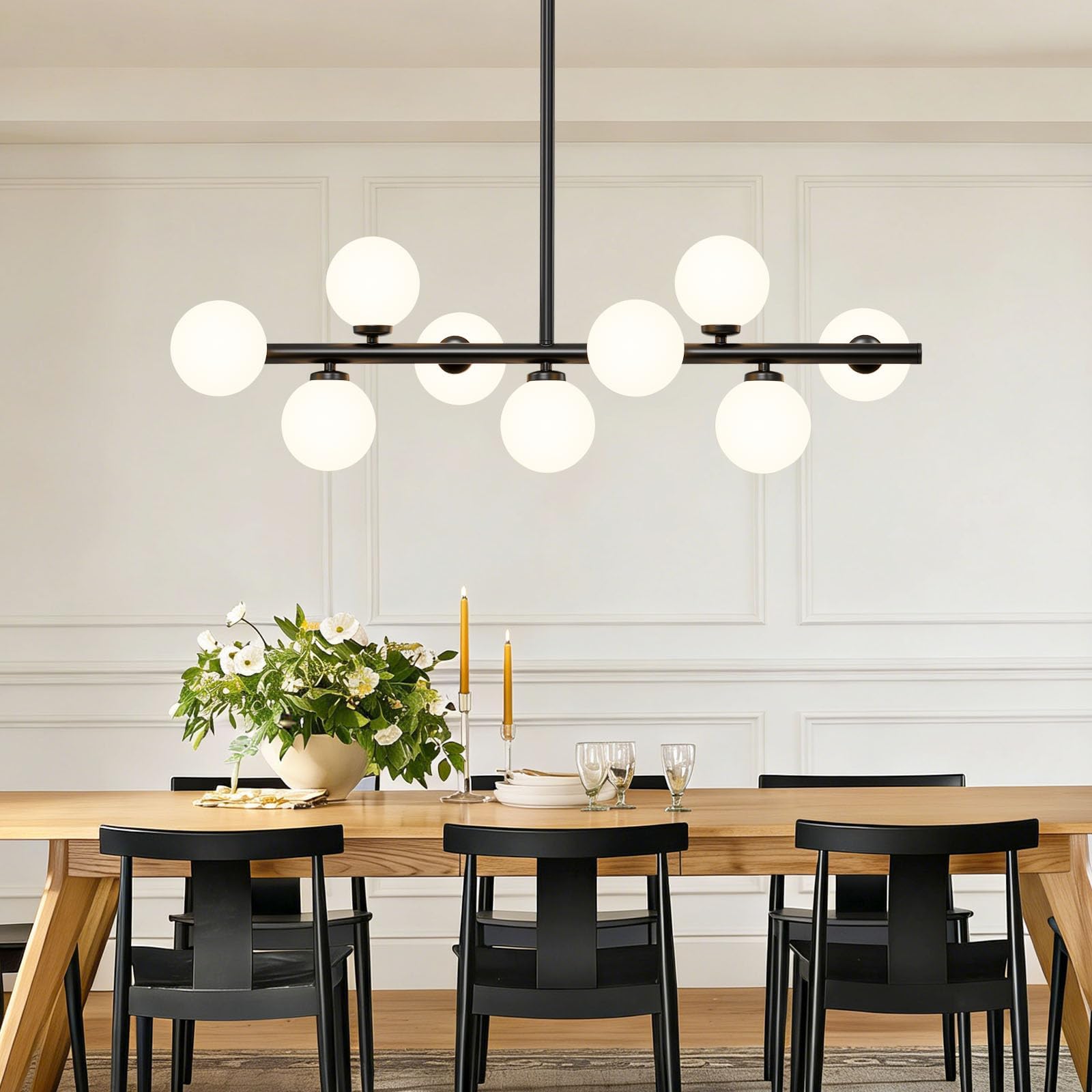 Mid Century Modern Sputnik Chandeliers: 9-Light Black Linear Dining Room Light Fixture - 40" Long Modern Milk White Glass Globe Pendant High Ceiling Chandelier Lighting for Living Room Kitchen Island
