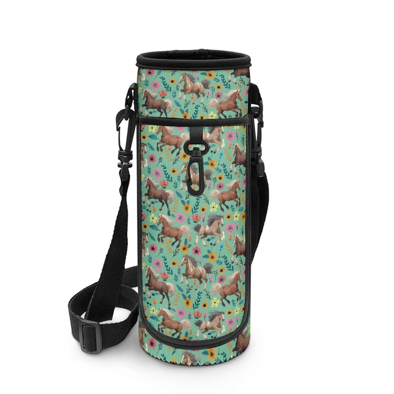 POLERO Floral Horse Water Bottle Holder with Strap Girls Water Bottle Carrier Sling Neoprene Sleeve for School Picnic