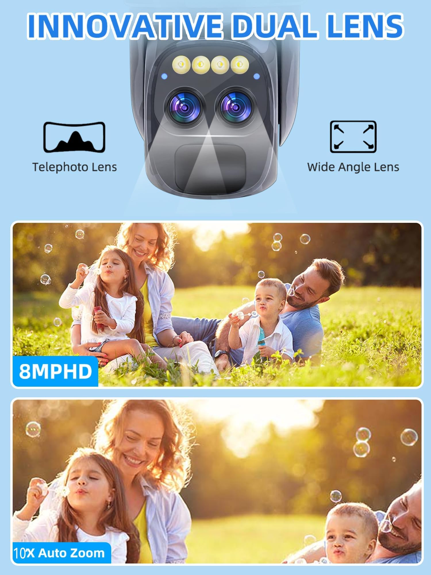 Abiso 4K Camera Surveillance WiFi Exterieure sans Fil avec Double Objectif/Solaire Caméra/Batterie,Suivi Automatique,Nocturne Couleur,Sirène,Audio Bidirectionnel,PIR&Détection,2.4/5G WiFi,360°PTZ