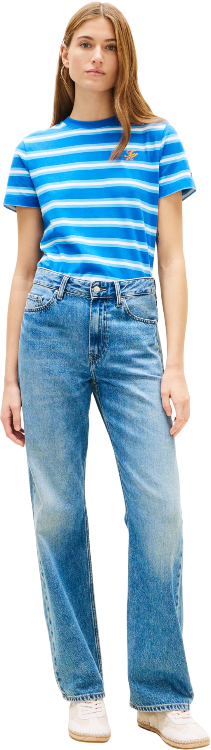 Tommy Hilfiger Damska koszulka Th Script Reg C-Nk Ss Ww0Ww47809, niebieska, XS