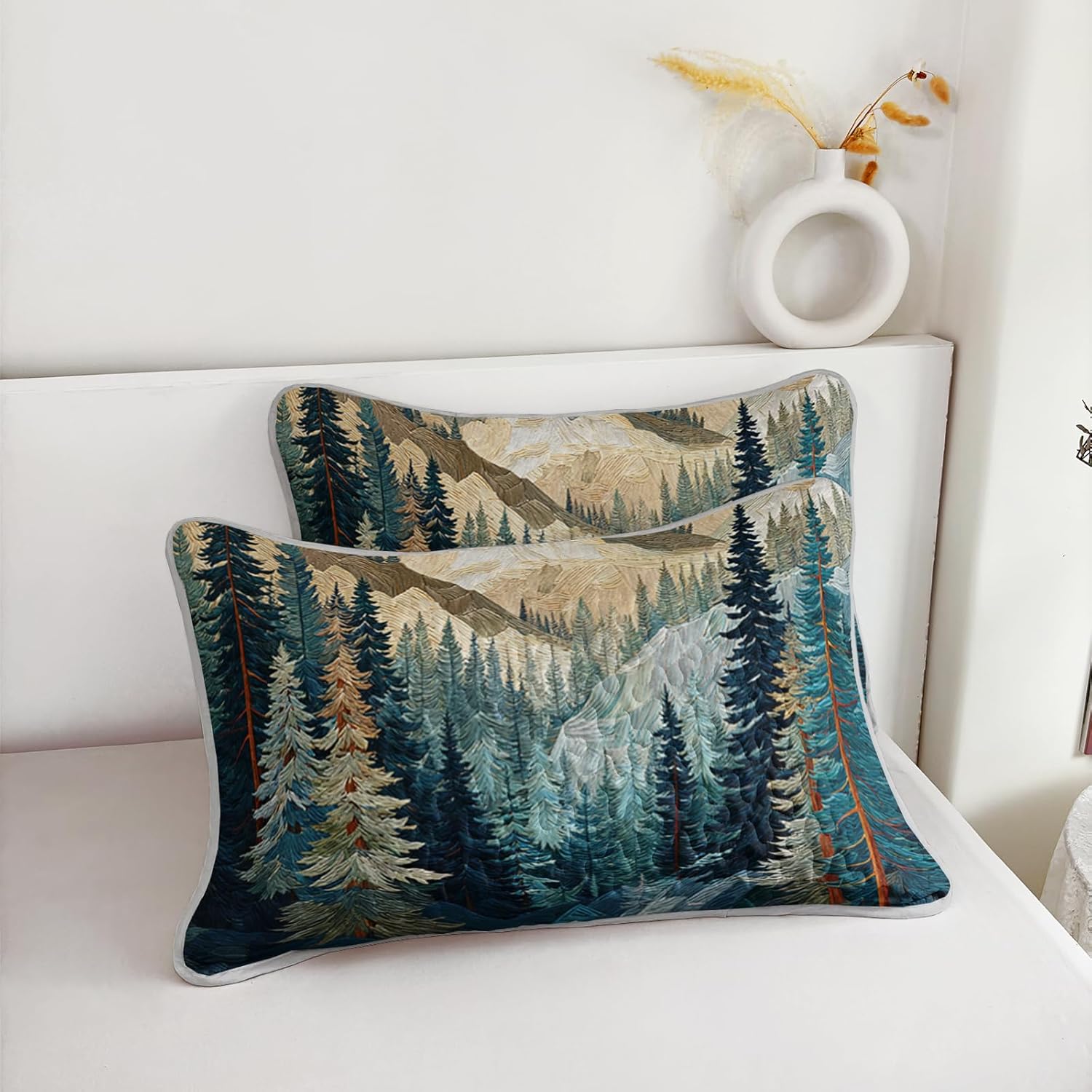 AILONEN King Bedspread Coverlet,Mountain Forest Pine Tree Textured Landscape Blue Green Bedding Quilt,2 Pillowcases,Lightweight Microfiber