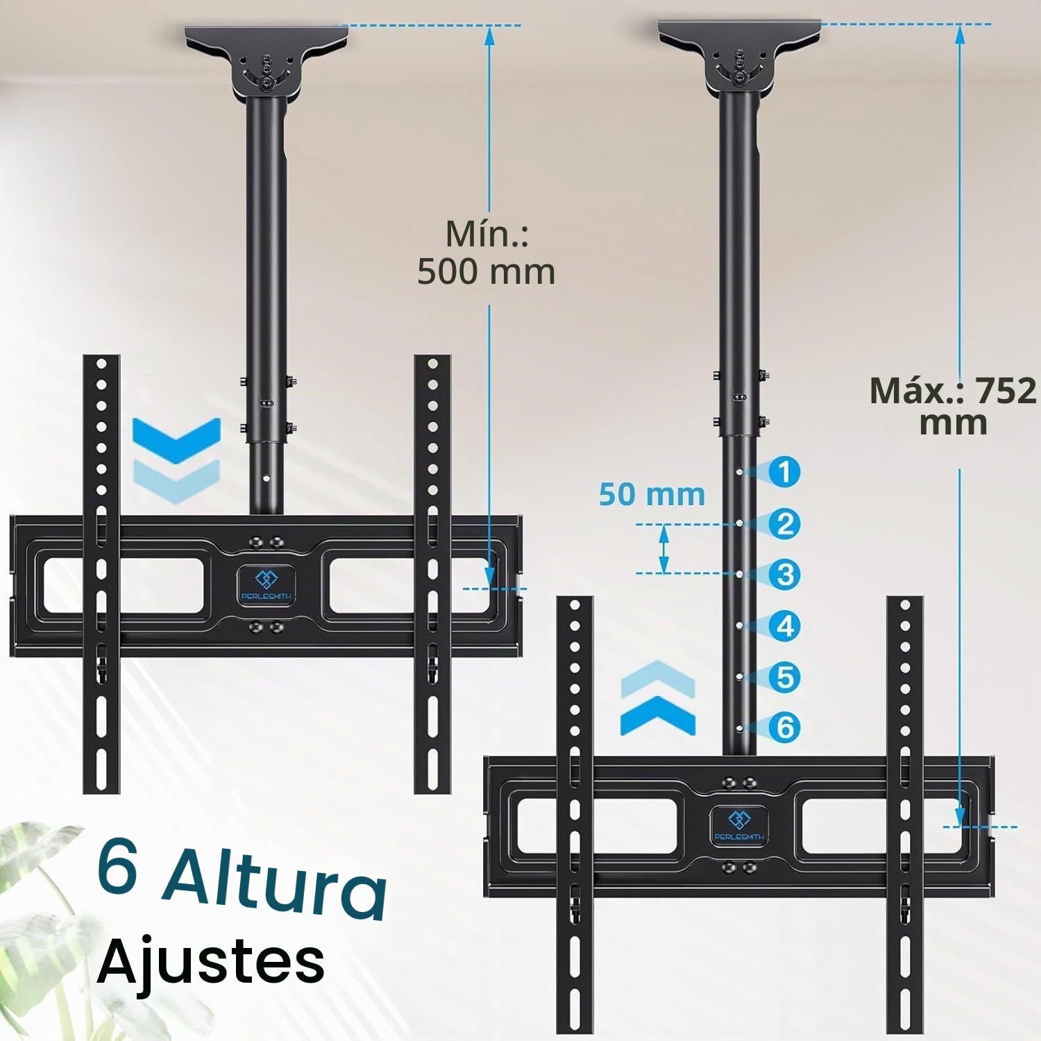 PERLESMITH Soporte para TV - Soporte Giratorio Ajustable para Pantalla de 26 a 65 Pulgadas - Soporte de Techo para TV de Movimiento Completo, Soporta hasta 50 kg con VESA 400 x 400