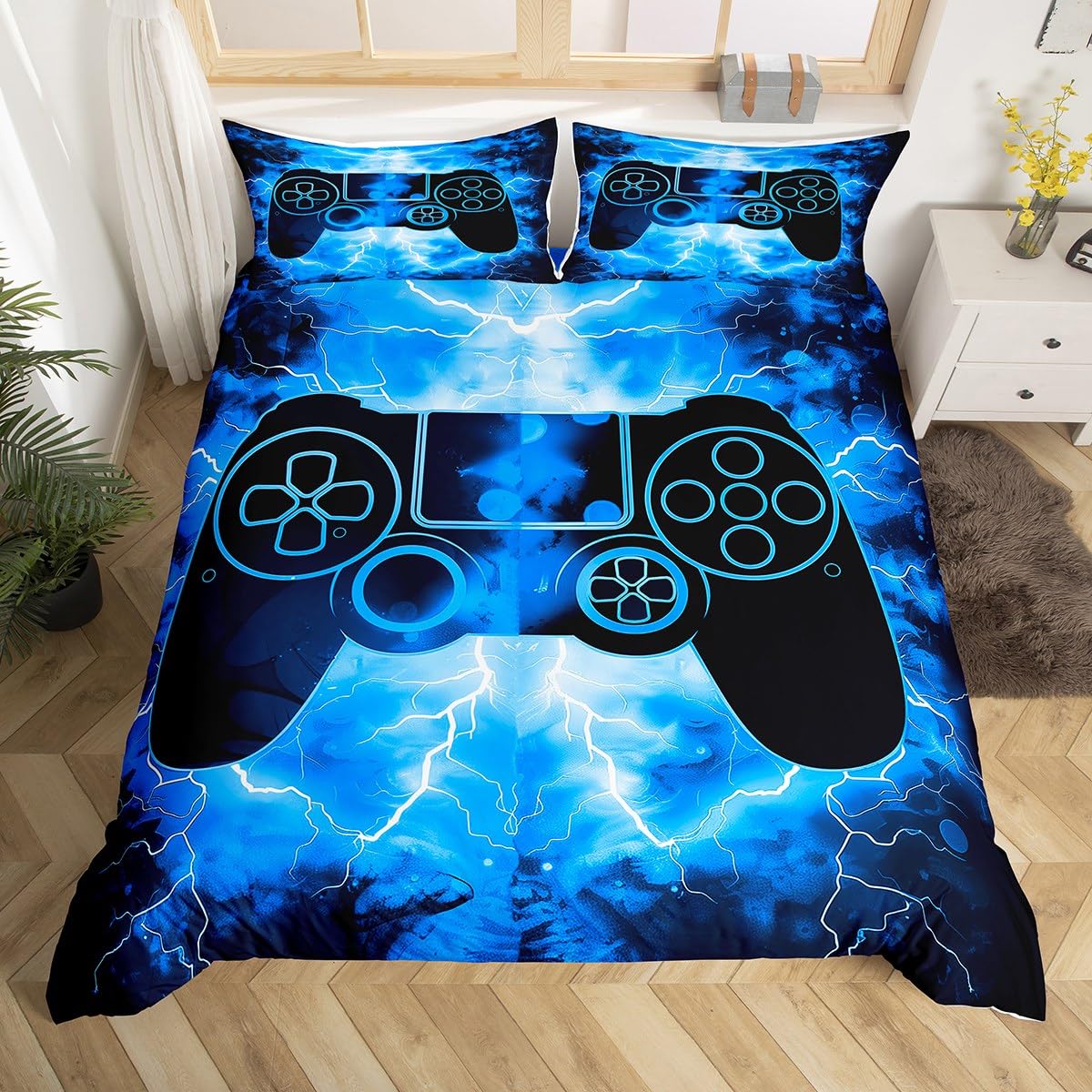 Homemissing Kids Boys Gaming Duvet Cover Set Super King Size For Children Teens Lightnings Gamepad Bedding Set Gamer Room Decor Duvet Cover with 2 Pillowcases Modern Gaming Blue Bed Sets — image 1