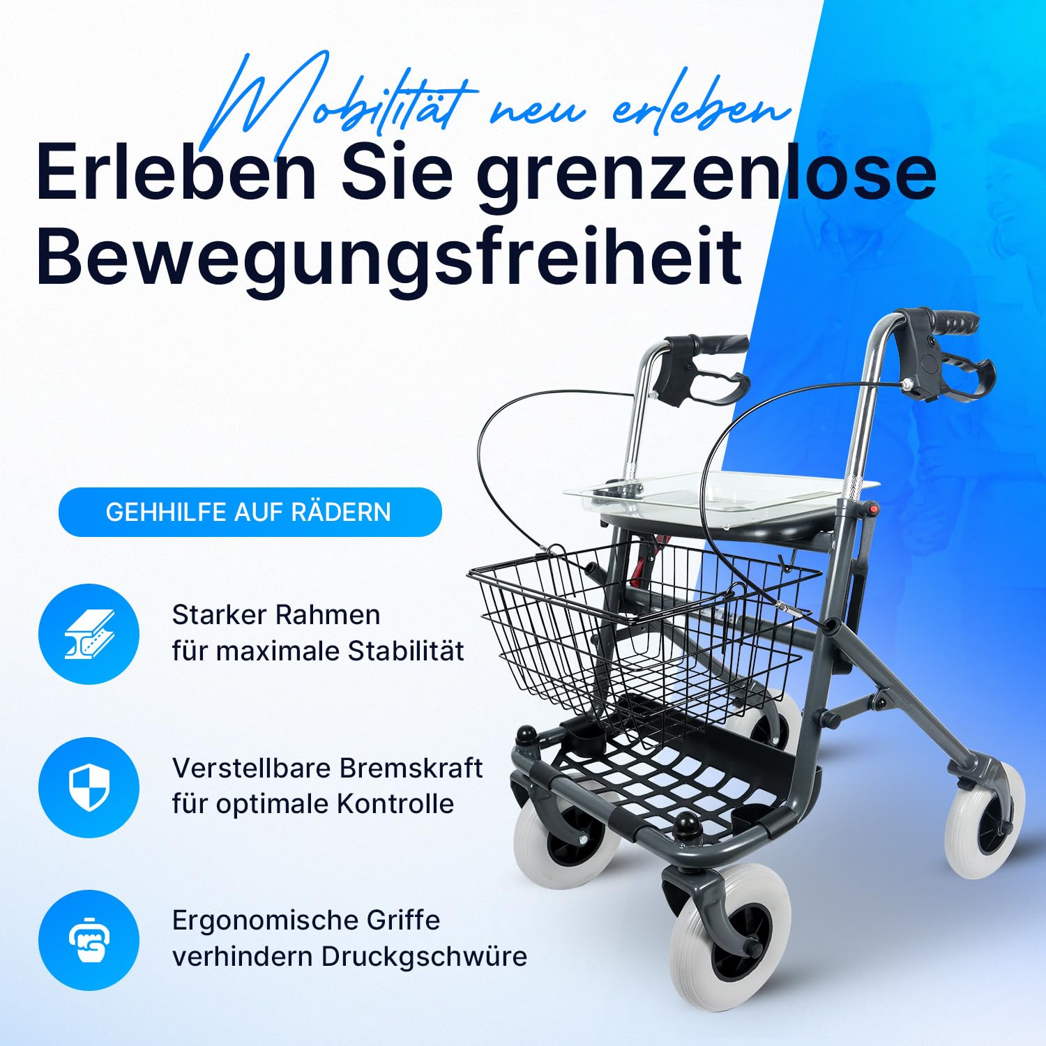Rollator, leicht und ergonomisch, Gehhilfe mit höhenverstellbaren Griffen, extra breiten Reifen, Stabilität auf allen Untergründen, nur 8 Kg, Stockhalter und geräumiger Korb, Innen und Draußen