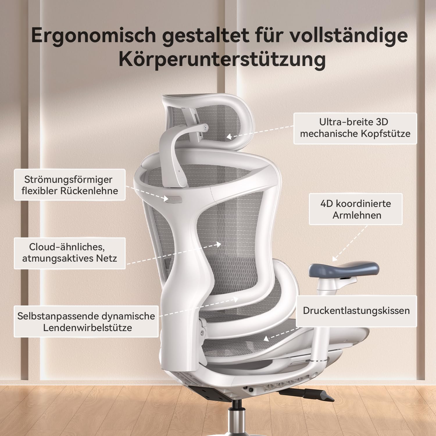 SIHOO Doro C300 Ergonomischer Bürostuhl mit ultraweichen 3D-Armlehnen, dynamischer Lordosenstütze für den Homeoffice-Stuhl, Verstellbarer Rückenlehne