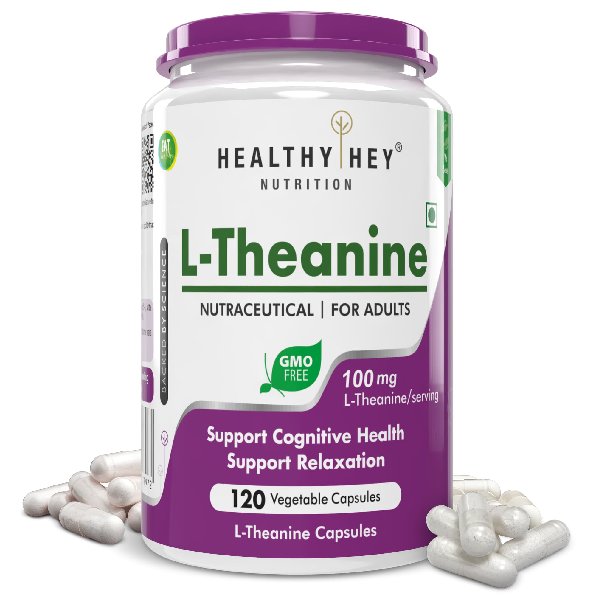 HealthyHey Nutrition L-Theanine 100mg- Support Relaxation - Vegetarian Capsules 120 Count (Pack of 1)