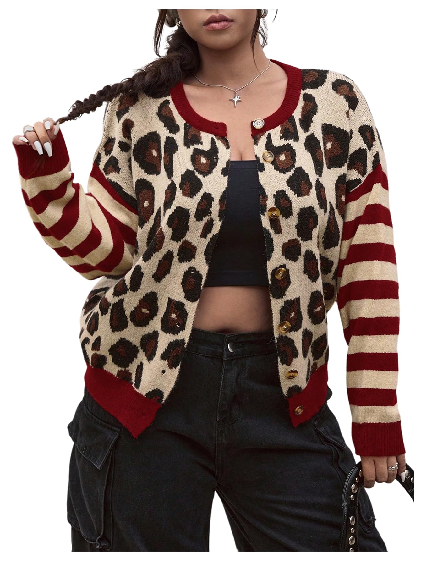 SOLY HUX Womens Plus Size Leopard Cardigan Cheetah Print Striped Button Down Long Sleeve Knit Sweater Fall Cardigans