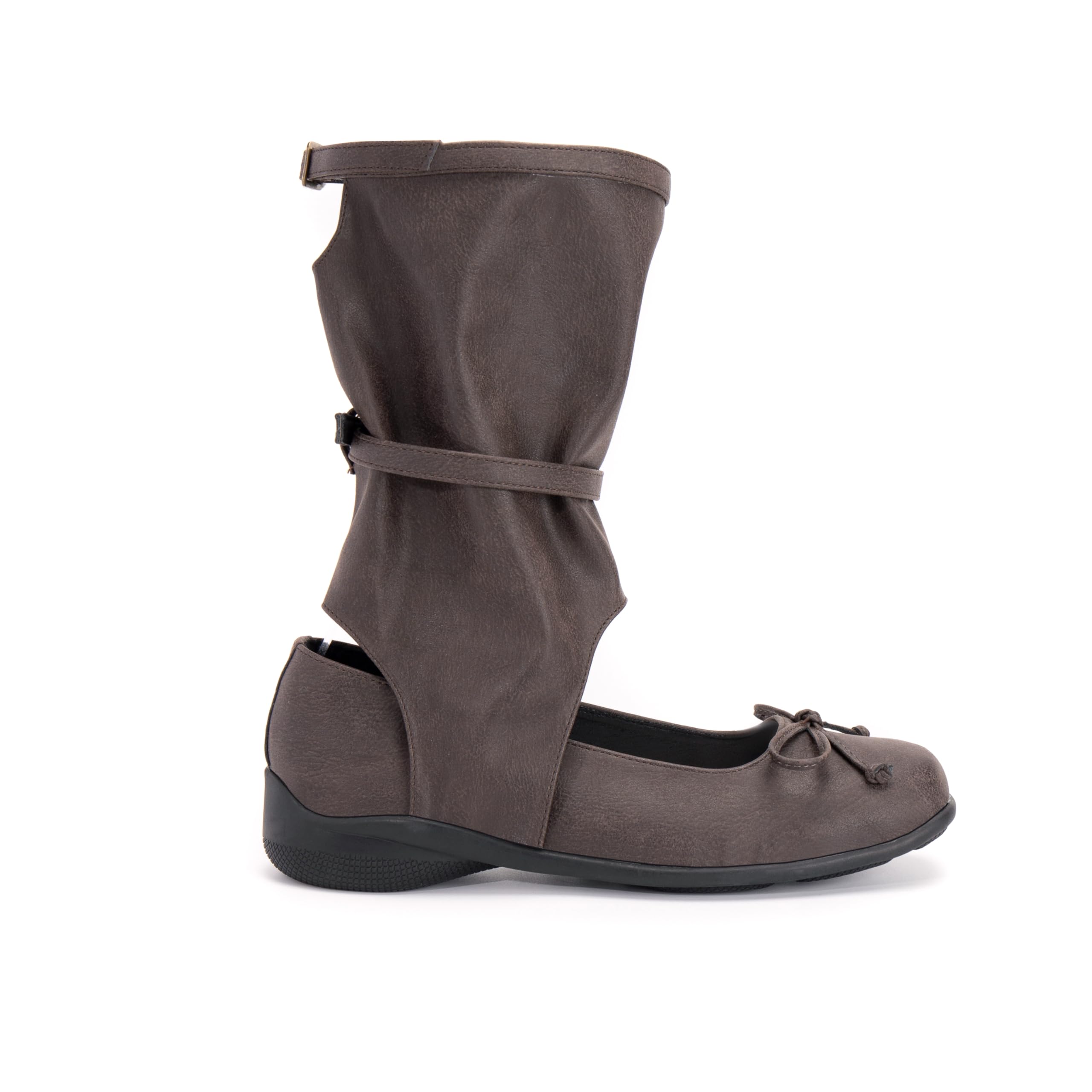 Brown Mid Calf Boots for Women Flat Slouchy Boots Ballet Ballerina Flat Booties with Bow Square Toe Cute