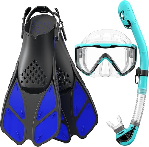 Greatever Equipo de esnórquel para adultos, máscara de esnórquel de 3 ventanas, conjunto combinado de aletas de esnórquel en seco para natación,