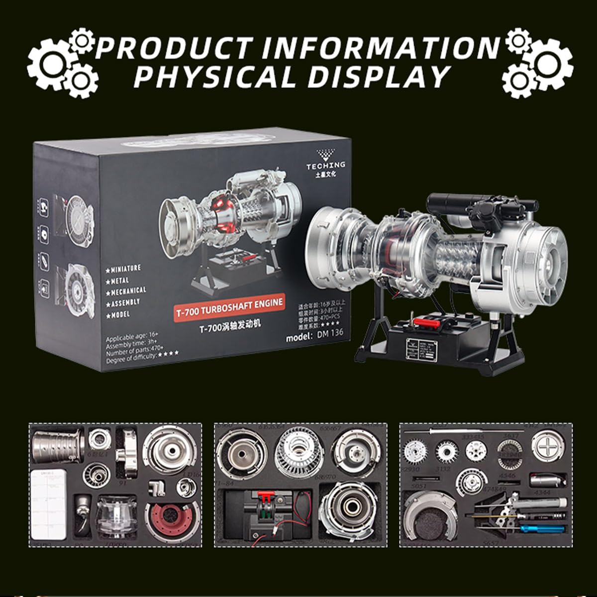 ExploTex SKYMECHMAN 1/4 Scale Metal Simulación Electric Military Helicóptero Turboso Engine Model Kit (470+pcs), Aviation Technology-Style Educational Display Piece