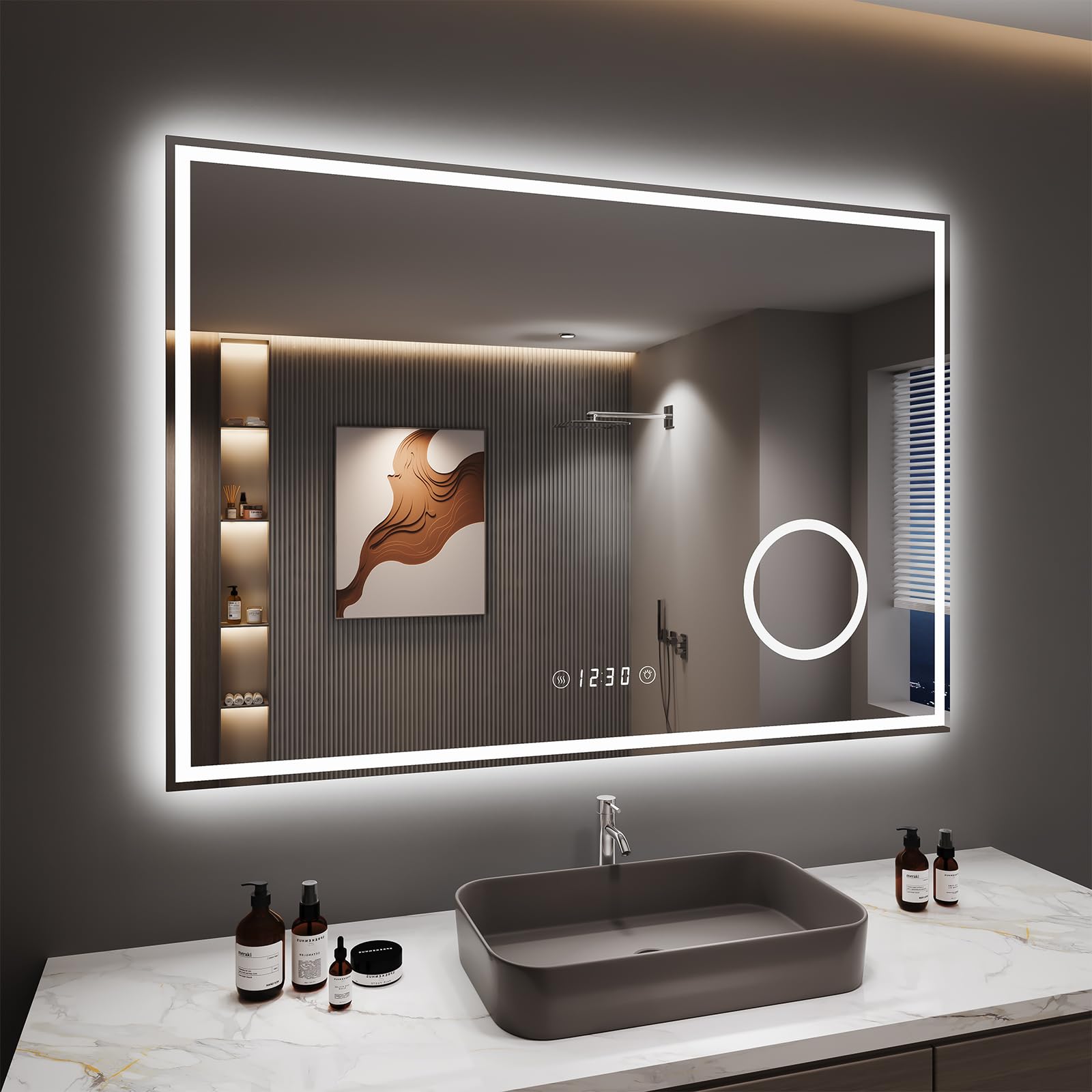 Dripex LED Bathroom Mirror with Shaver Socket Magnifying and Clock, 700 * 1000 MM Dimmable 3 Colors Illuminated Backlit Wall Mounted Bathroom Mirrors Anti-fog Vanity Mirror, Horizontal Only