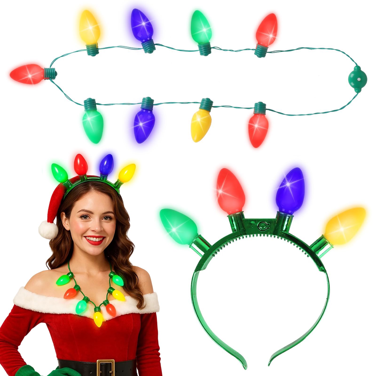 Christmas Headband, 2 PCS Xmas Accessories with Luminous Headband and Luminous Necklace
