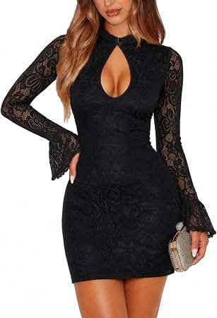Black Lace Dress Long Sleeve Short Elegant Fitted Party Fashion Mini Dress