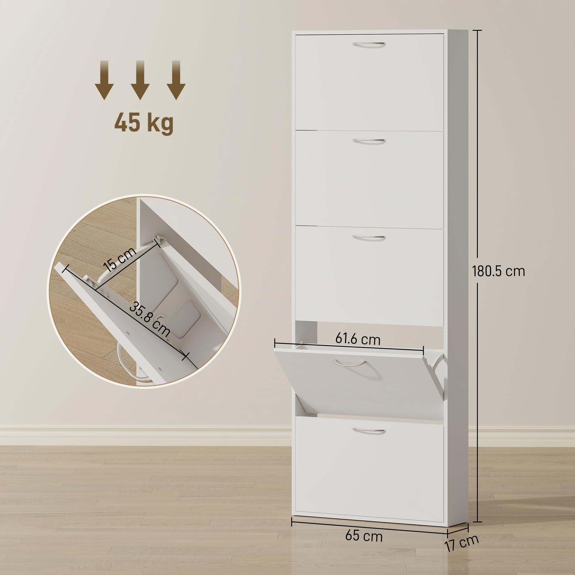 HOMCOM Scarpiera Salvaspazio Slim Alta 5 Ante 65x17x180.5 cm Bianco | Ante a Ribalta, Porta Scarpe per 15 Paia con Maniglia, Mobiletto Ingresso con Piano Superiore Portaoggetti