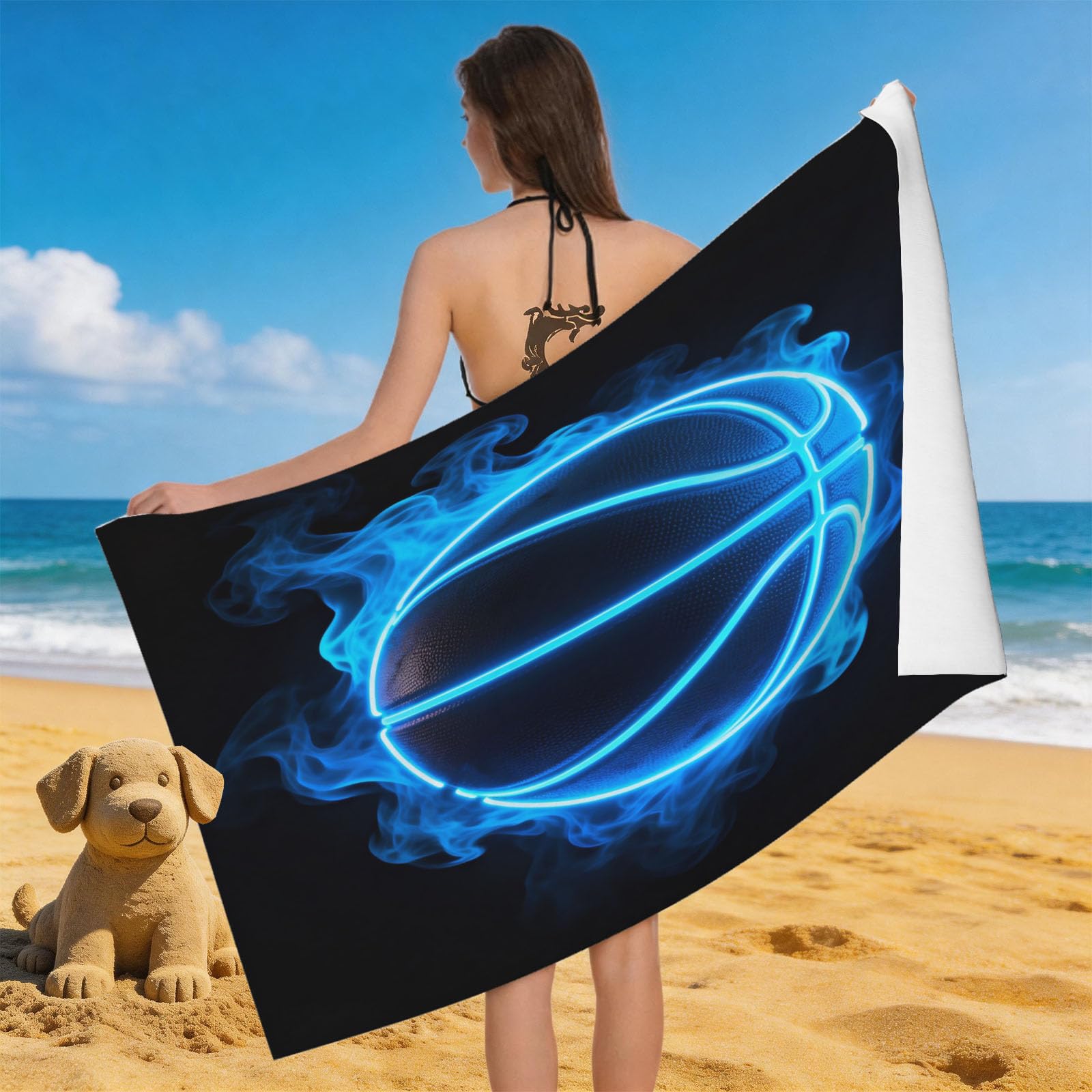 Leichong 3D Neon Basketball Beach Towel Large Microfiber Soft Quick Dry for Adults, Blue Flame Bath Towel Lightweight Soft Absorbent for Travel Swimming Pool Sports, 80 x 160 cm