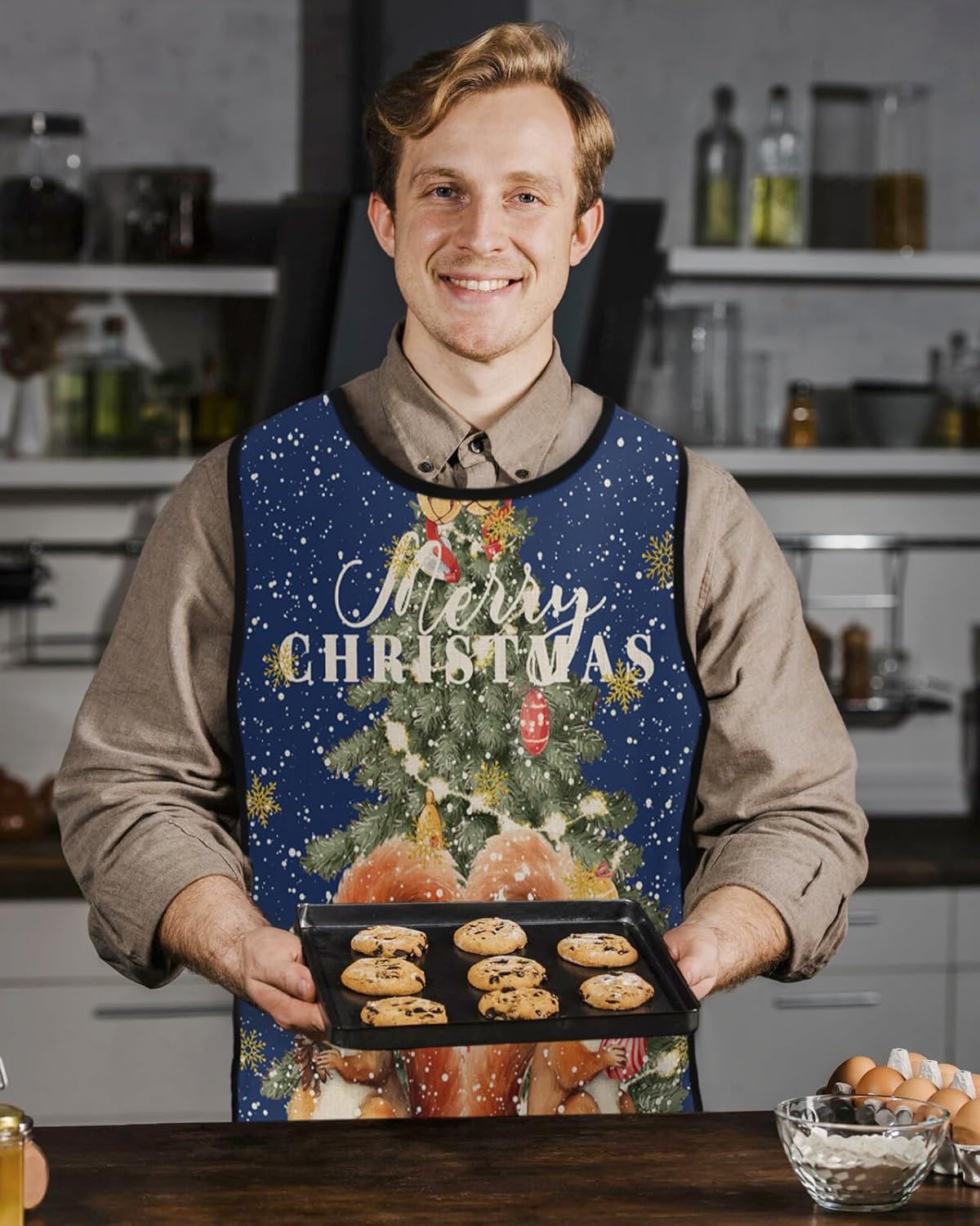 Christmas Cobbler Aprons with 2 Pockets for Women Men, Navy Blue Winter Snowflake Squirrel