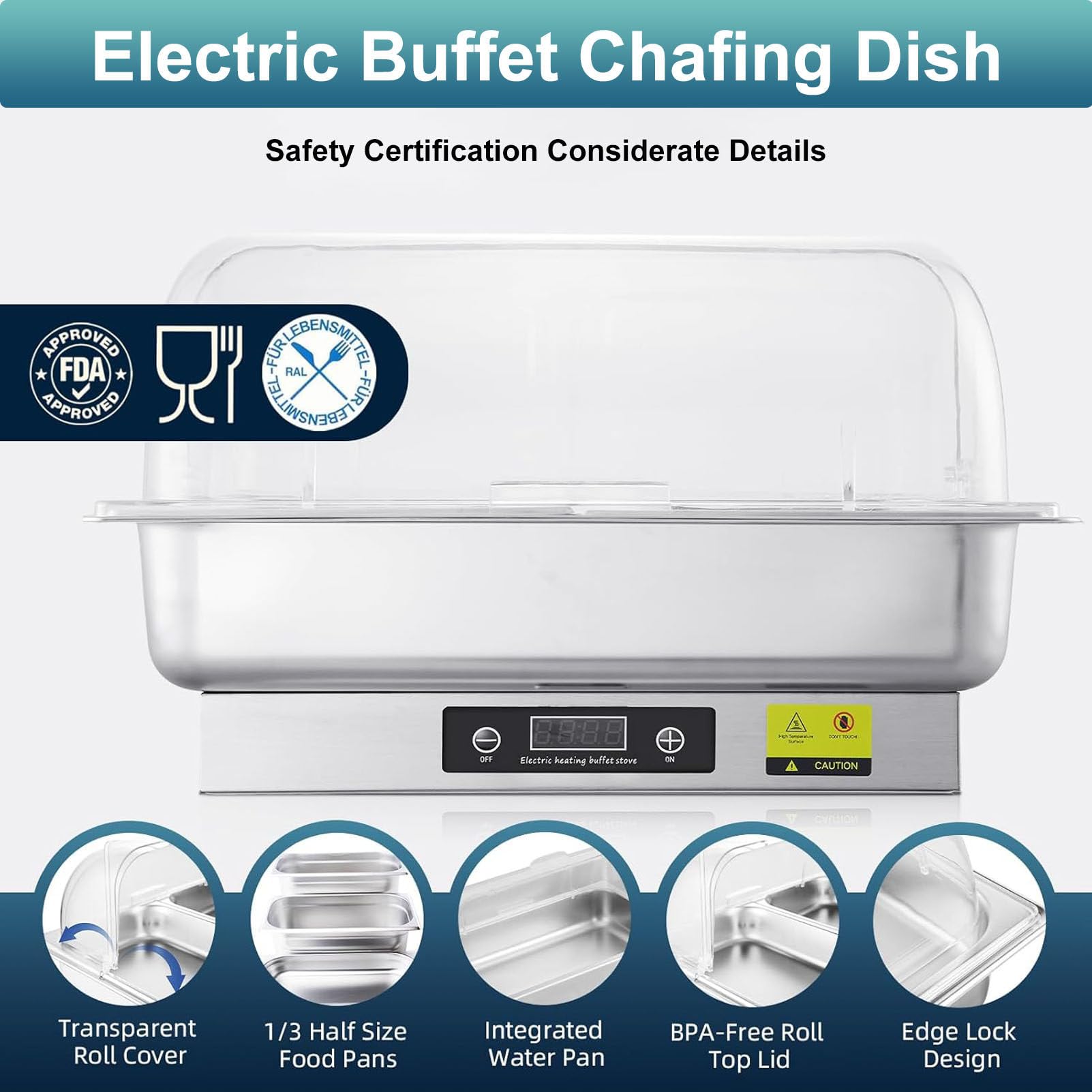 Elektryczny podgrzewacz do potraw Chafing Dish 9L, podgrzewacz do potraw ze stali nierdzewnej o mocy 600 W z regulacją temperatury do cateringu, wesel, restauracji i rozrywki 1Slot