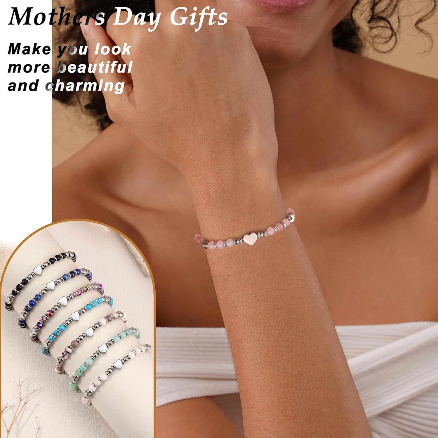 Gifts for Women, Valentines Day Gifts for Teens Beaded Bracelets for Women Gifts for Mom Mothers Day Gift for Grandma Daughter Bonus Mom Nature Stone Bead Bracelet Graduation Jewelry Stocking Stuffers - Image 2