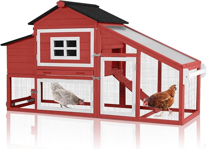 Chicken Coop Expandable Chicken House for Outdoor with Wheels Nesting Box, Leakproof Pull-on Tray, and UV-Resistant Roof Panel - Red