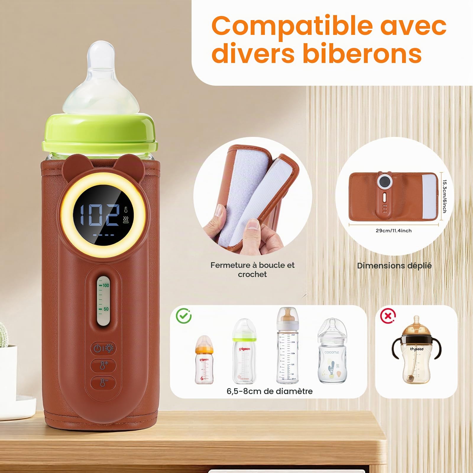 Chauffe Biberon Nomade Portable 10400mAh Chauffe de Lait 11 Niveaux de Température 35-55℃ Chauffe-biberon Sans Fil Réchauffeur de Biberon avec Écran LCD et Lumière pour Maison Extérieur Voyage