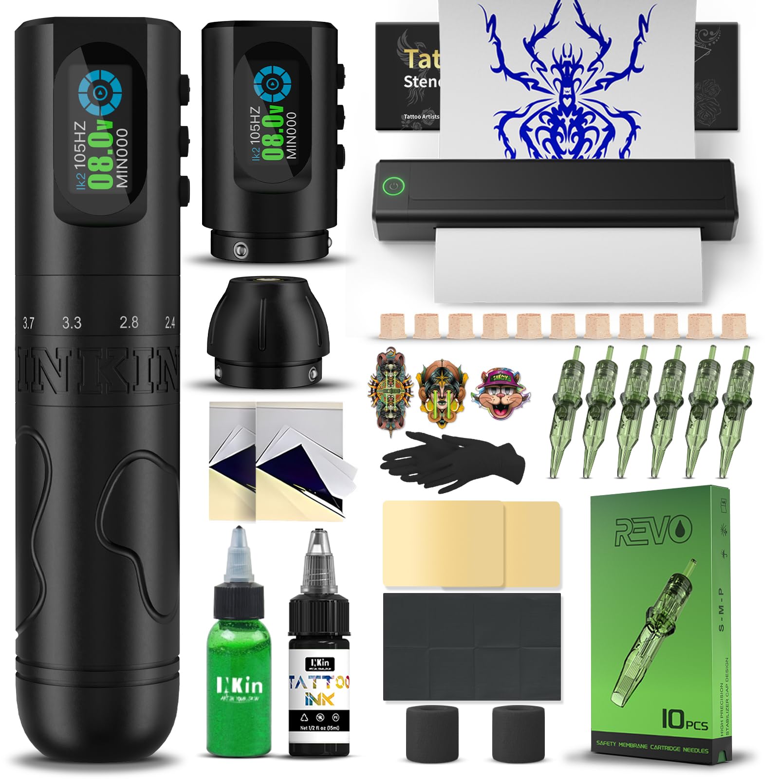INKin INKflexo Maquina de Tatuar Kit Completo con 6 Strokes 2.0-4.2mm y 2 Batería de 1600mAh, Maquina Tatuar Inalambrica Kit Tatuaje Completo con Impresora Bluetooth, Agujas Tatuaje para Tatuadores