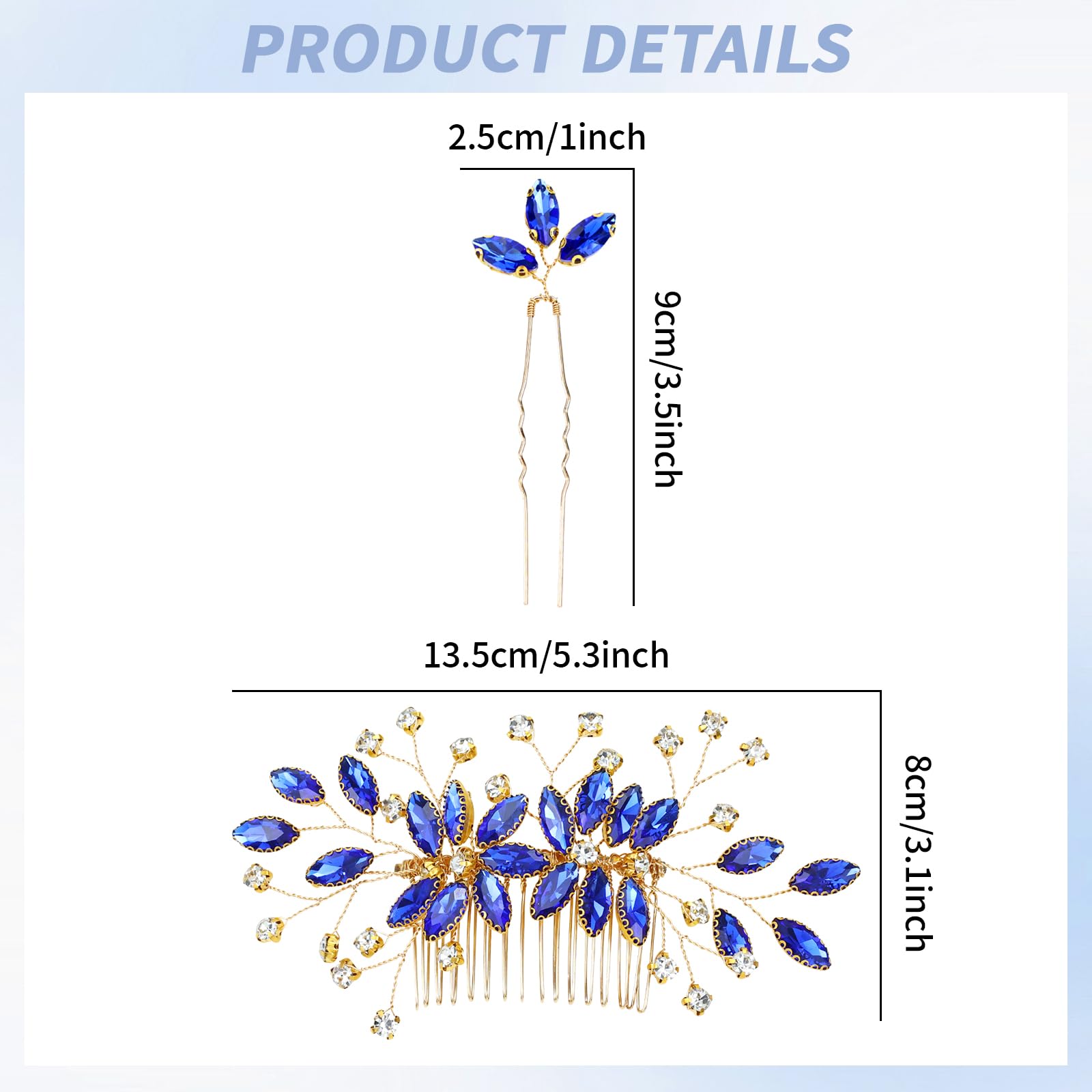 inSowni 7 Pieces Royal Blue Rhinestone Wedding Bridal Hair Side Comb Slide+U-shaped Hairpins Hair Accessories Headpieces for Women Girls Brides Bridesmaids - Image 2