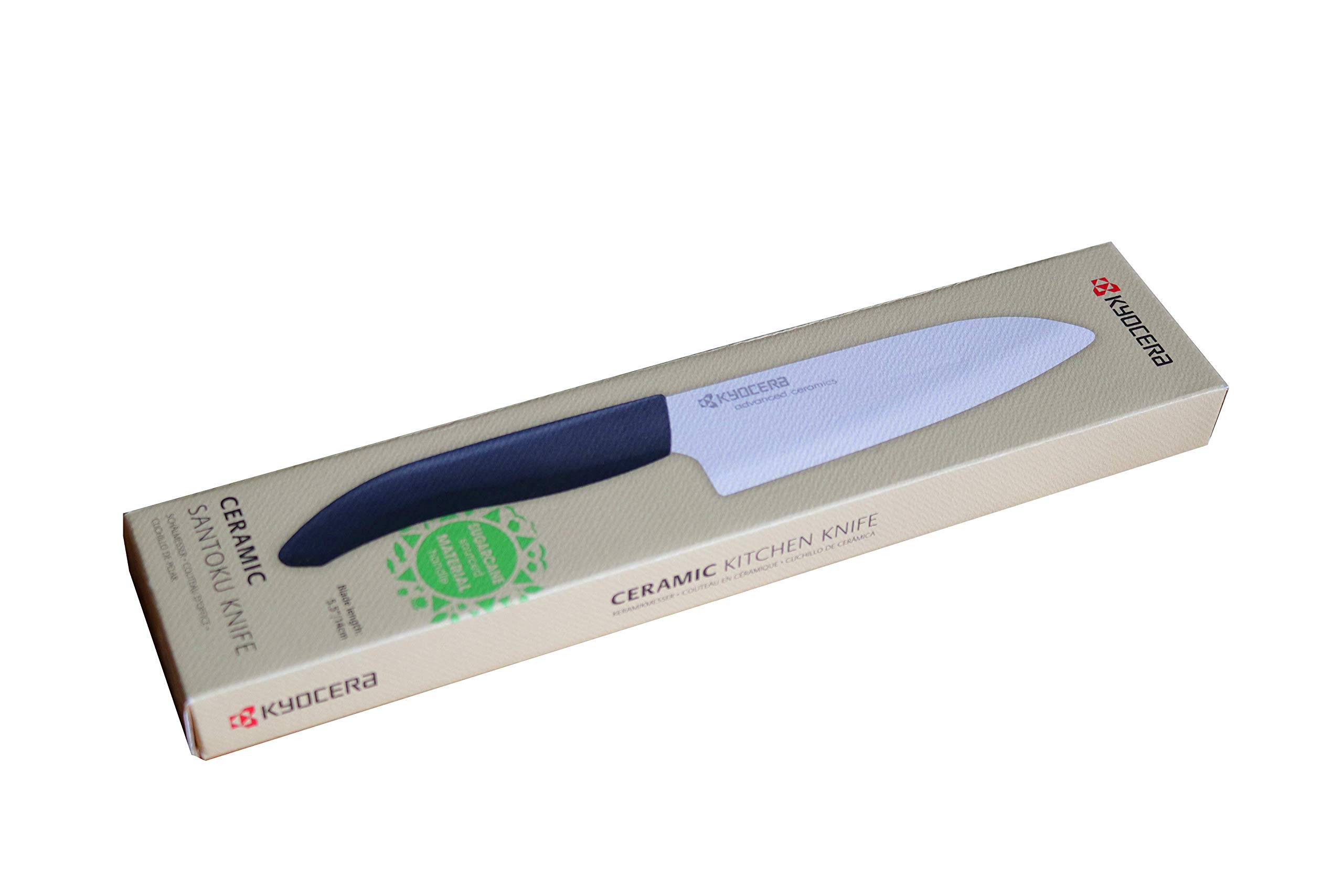 KYOCERA Keramikmesser, Santokumesser, Griff aus Biokunststoff aus Zuckerrohr, Klinge 14 cm, Klinge aus Zirkoniakeramik, extrem scharf, spülmaschinengeeignet, FK-140 WH-BK BIO, Schwarz | Keramikmesser, extrem scharf, spülmaschinengeeignet, plastikfreie Ver
