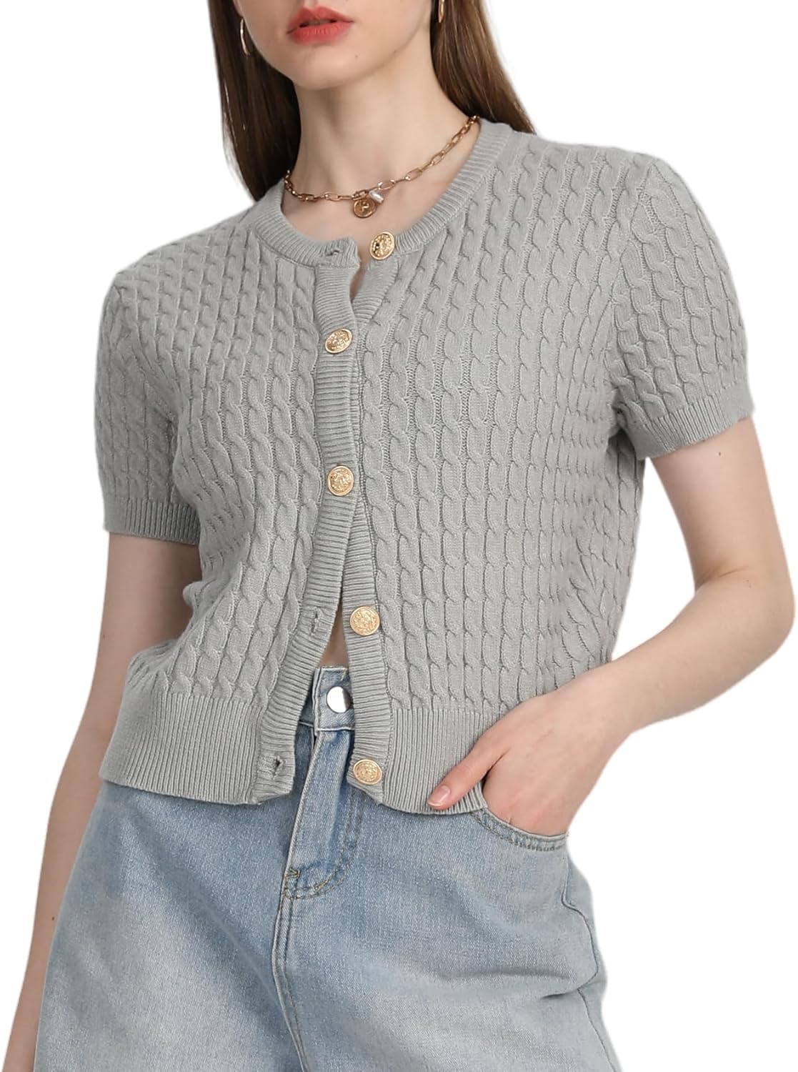 Yimoon Womens Short Sleeve Summer Cardigan Crop Button Down Cable Knit Sweater Basic Crewneck Slim fit Going Out Tops