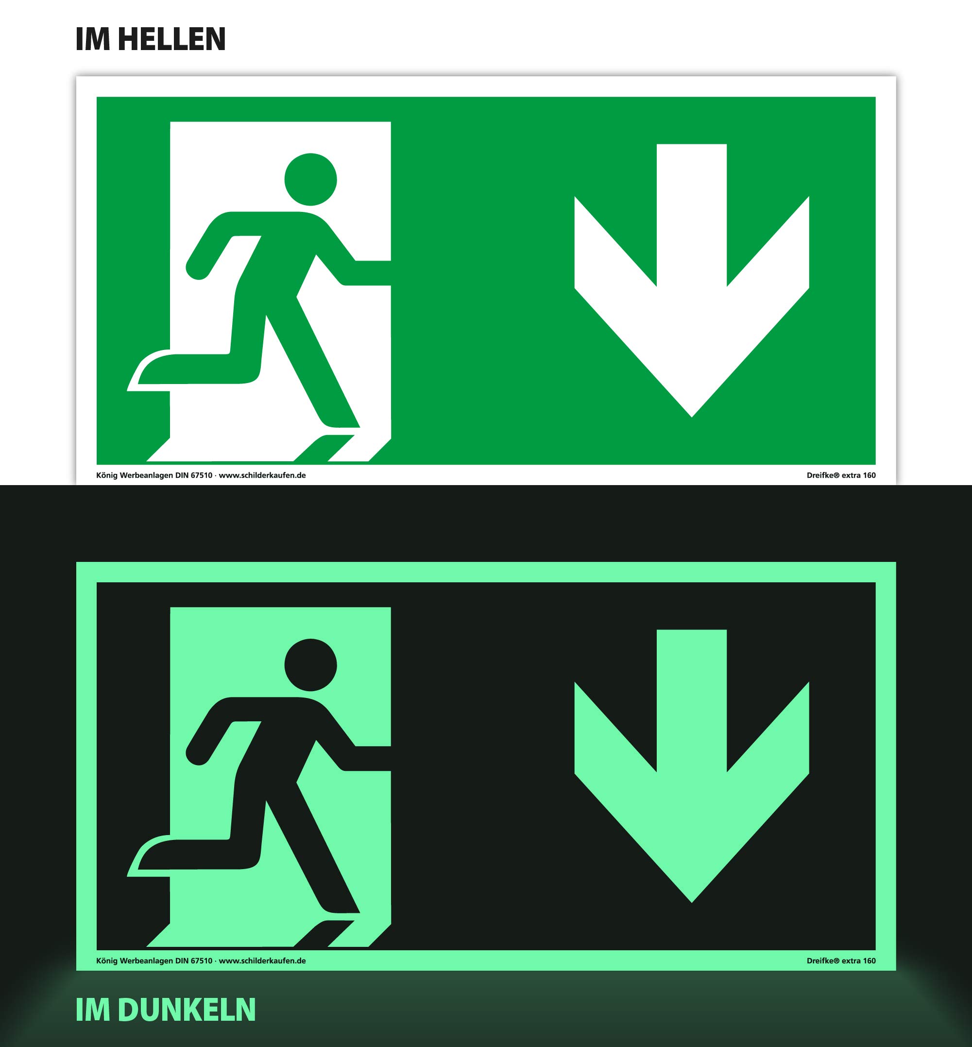 Dreifke® extra 160 - Señales de salida de emergencia (5 unidades, PVC, autoadhesivas, 297 x 148 mm, según ASR A1.3 DIN 7010 67510, señal de salida de emergencia, flecha hacia abajo, señal de escape,
