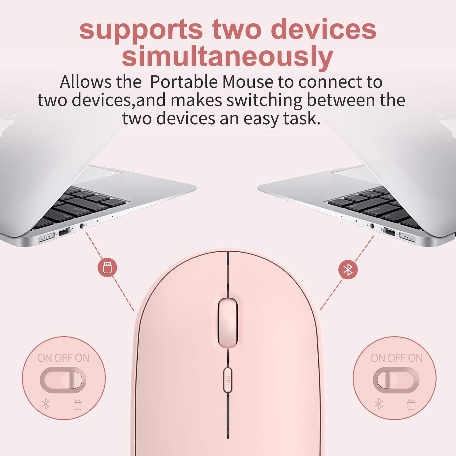 Bluetooth Mouse,Slim Rechargeable Dual Mode(Bluetooth 4.0 + USB) 2.4GHz Wireless Bluetooth Mouse,3 Adjustable DPI,Compatible for MacBook, Laptop, iPad, PC,Computer (Pink)