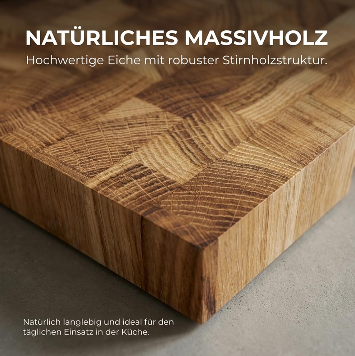 Eichen Schneidebrett 40x30x4 cm – Massives Stirnholz Schneidebrett aus Eiche mit Griffmulde – Extra Dickes Holz Schneidebrett für Fleisch, Gemüse & Brot – Profi Küchenbrett