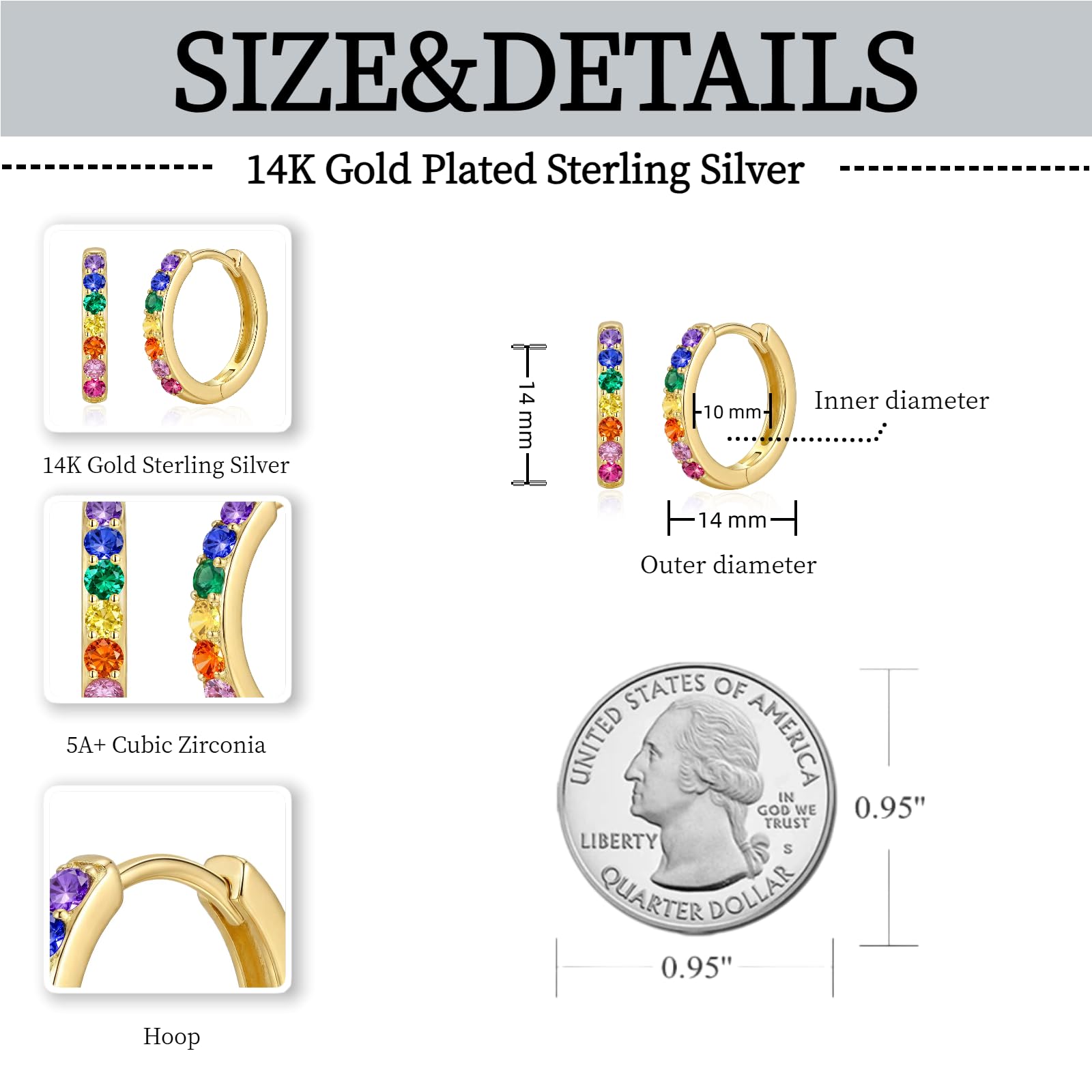 Regenbogen Ohrringe Creolen Kinder Silber 925 Mädchen Kleine Creolen Damen mit Bunten Zirkonia-Steinen (12/14/16 mm)