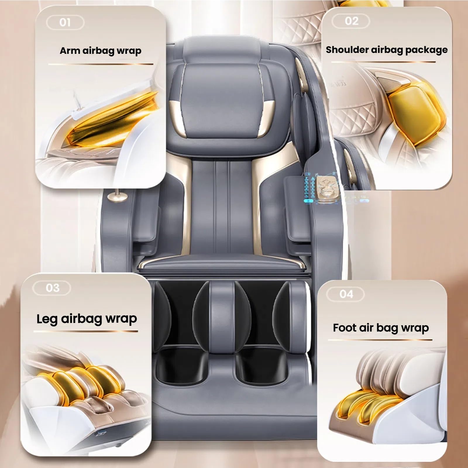 Poltrona massaggiante Shiatsu 4D con scansione corporea AI SL Track, compatibilità Bluetooth e poggiapiedi esteso, grigio
