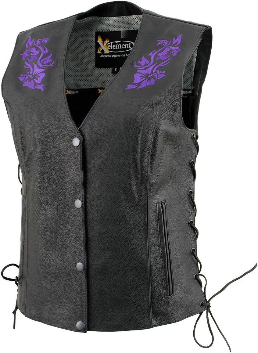 Xelement XS24005 Women’s ‘Gemma’ Black and Purple Motorcycle Rider Leather Vest with Side Laces Xelement XS24005 Women’s ‘Gemma’ Black and Purple Motorcycle Rider Leather Vest with Side Laces