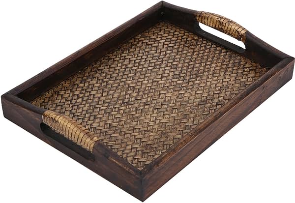 Bandeja de Servir Rectangular de Ratán Tejido a Mano con Manijas, Bandeja Decorativa de 9 Pulgadas para Desayuno, Bebidas, Bocadillos para Comedor/Mesa de Centro