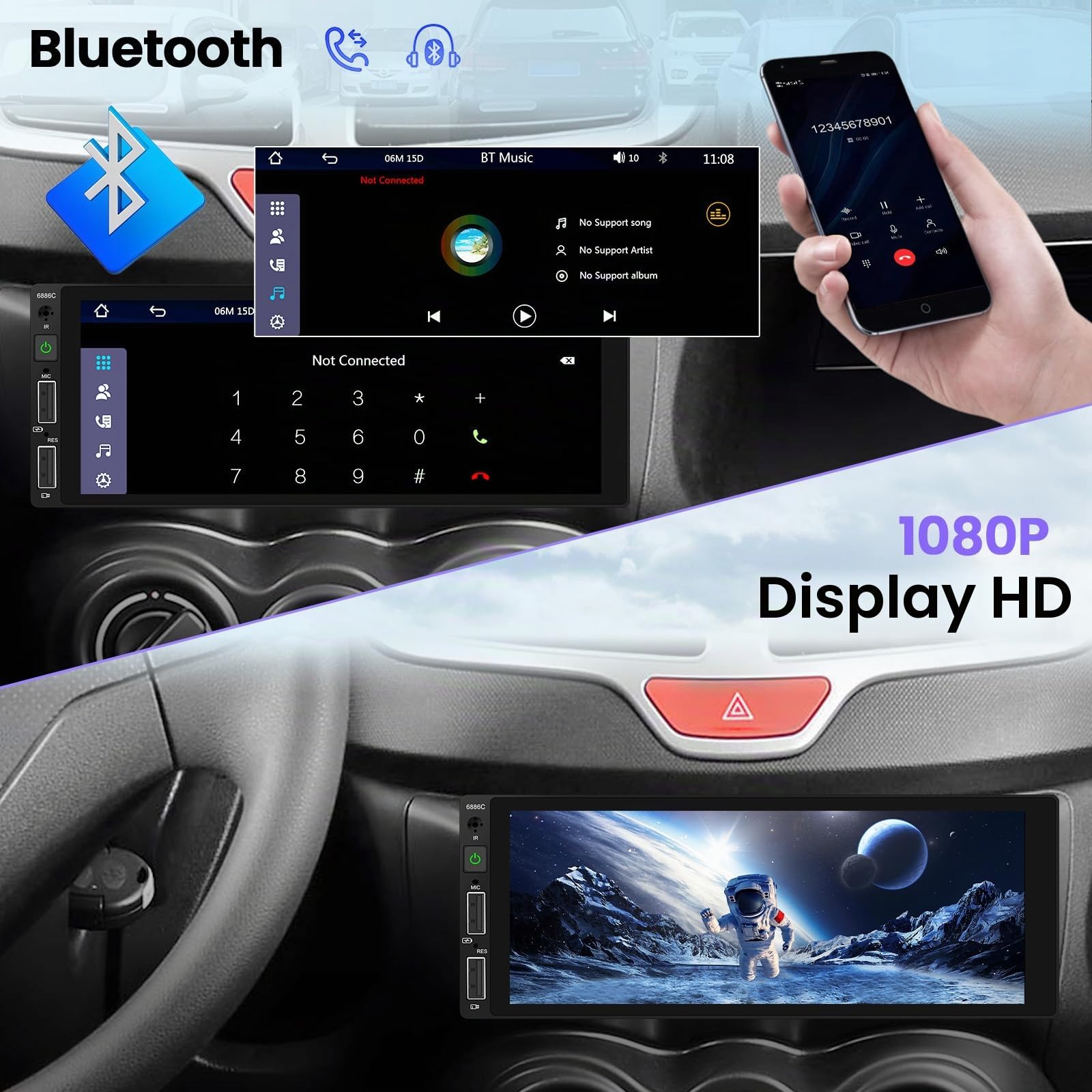 Hikity Autoradio 1 Din Wired Carplay Android Auto 6,86 Pollici Touchscreen Radio Bluetooth Auto Stereo con Mirror Link FM Radio USB/EQ/Controllo del Volante/Telecamera Posteriore