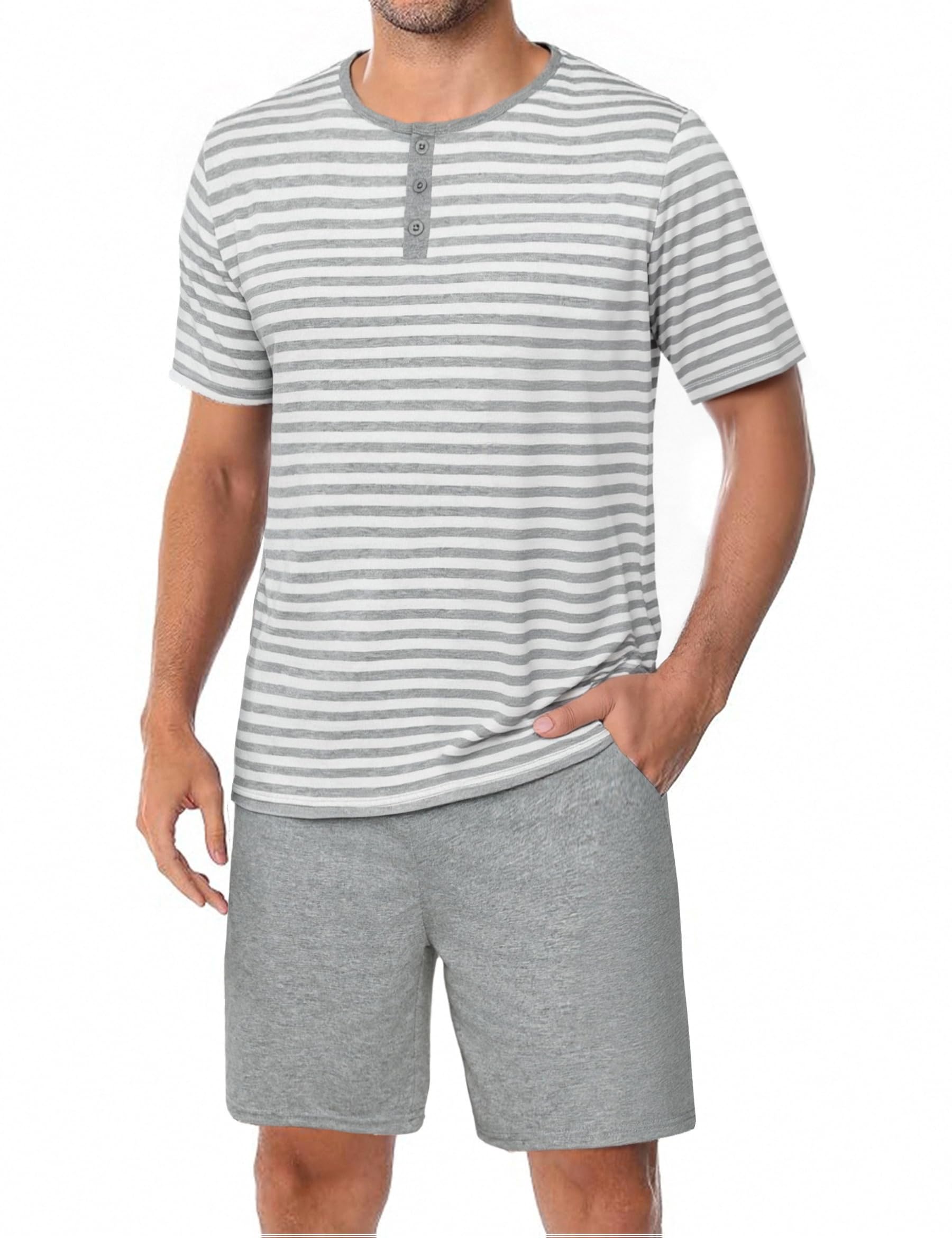 Marvmys Schlafanzug Herren Kurz Streifen Sommer Pyjama Set Baumwolle Nachtwäsche Männer Kurzarm T-Shirt Pyjamahose mit Tasche