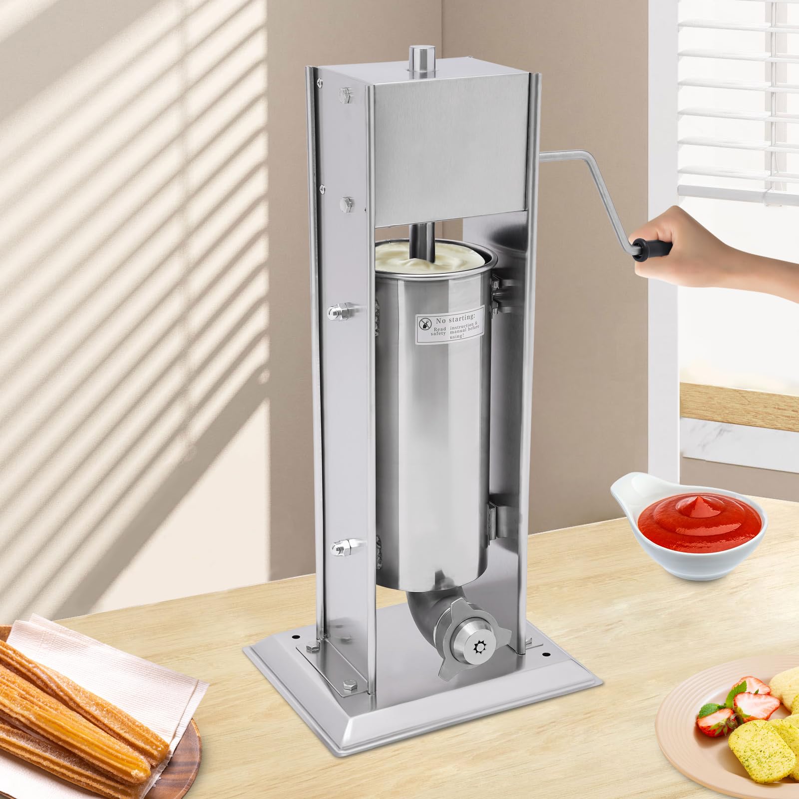 LENJKYYO LENJKYYO 5L Commercial Churros Maker, Manual Heavy Duty Churros Machine, Stainless Steel Latin Fruit Machine with 4 Nozzles, Vertical Meat Filler