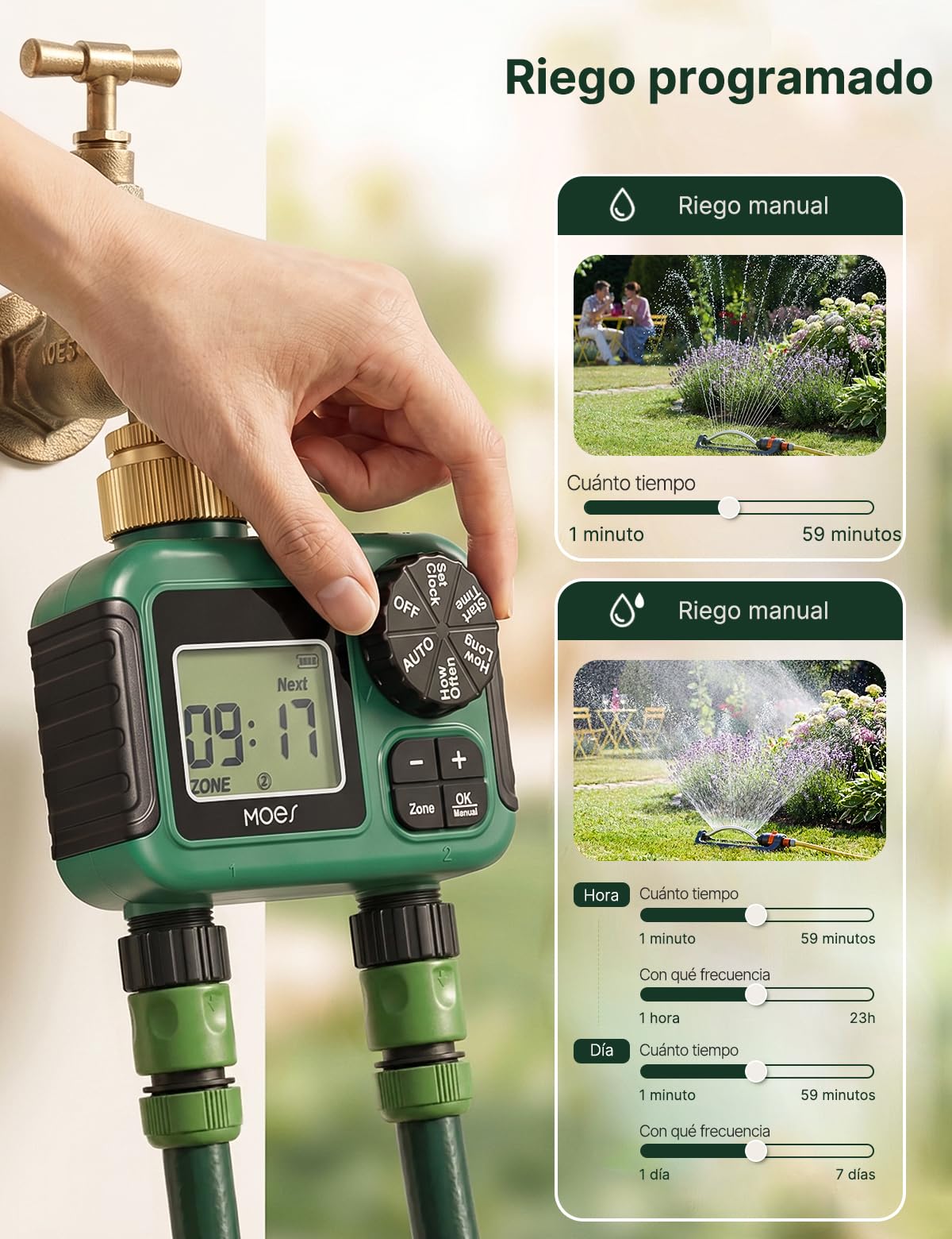 MOES Temporizador de riego con Entrada de latón, regulador de riego automático programable con Bloqueo de Lluvia y riego Manual, Temporizador de Manguera de 2 Zonas para jardín y césped