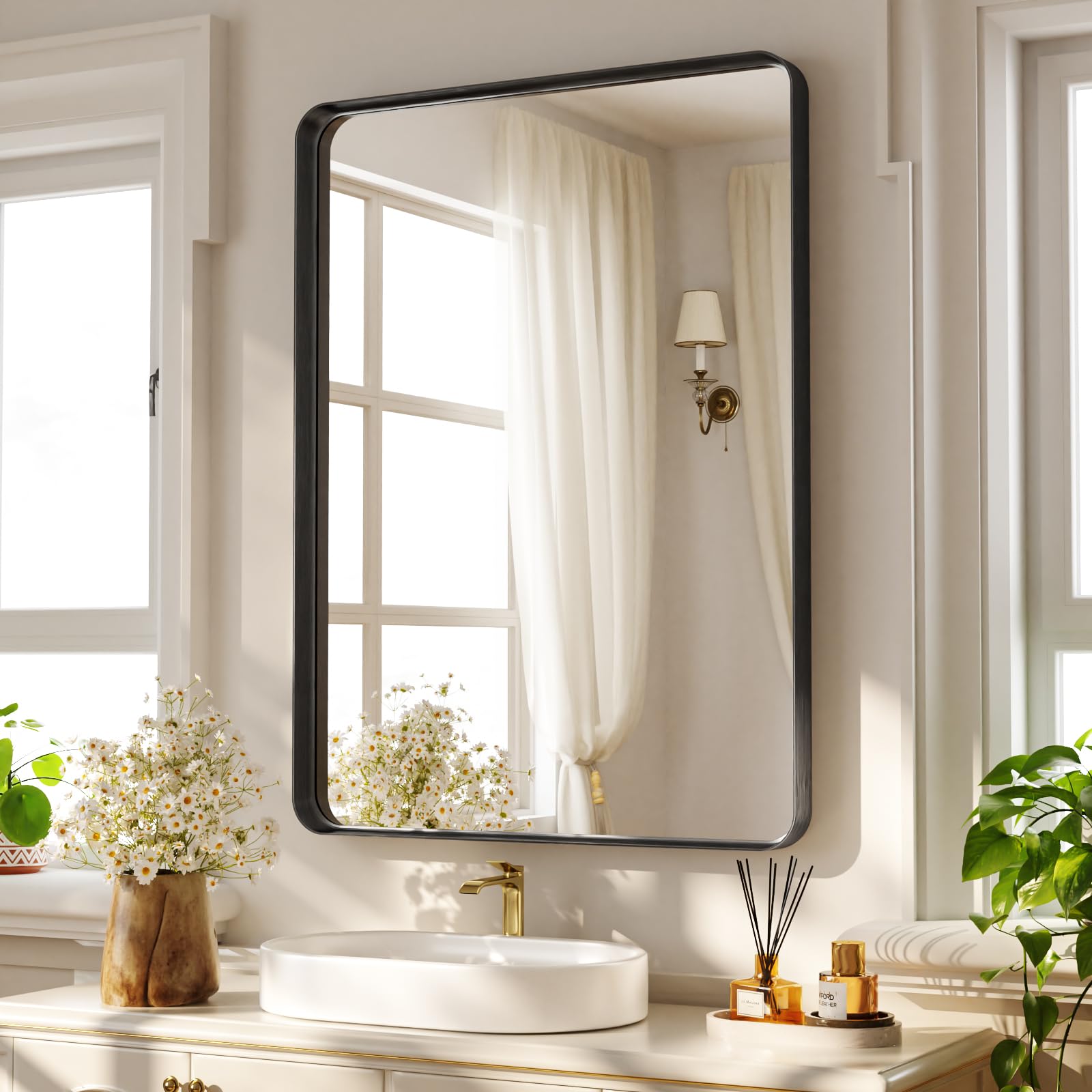 Koonmi Espejo de Pared con Marco Profundo, 75 x 55 cm, de Lujo, de Gama Alta, Rectangular, con Marco de Esquina fileteada, Espejo colgado Horizontal o verticalmente, Negro