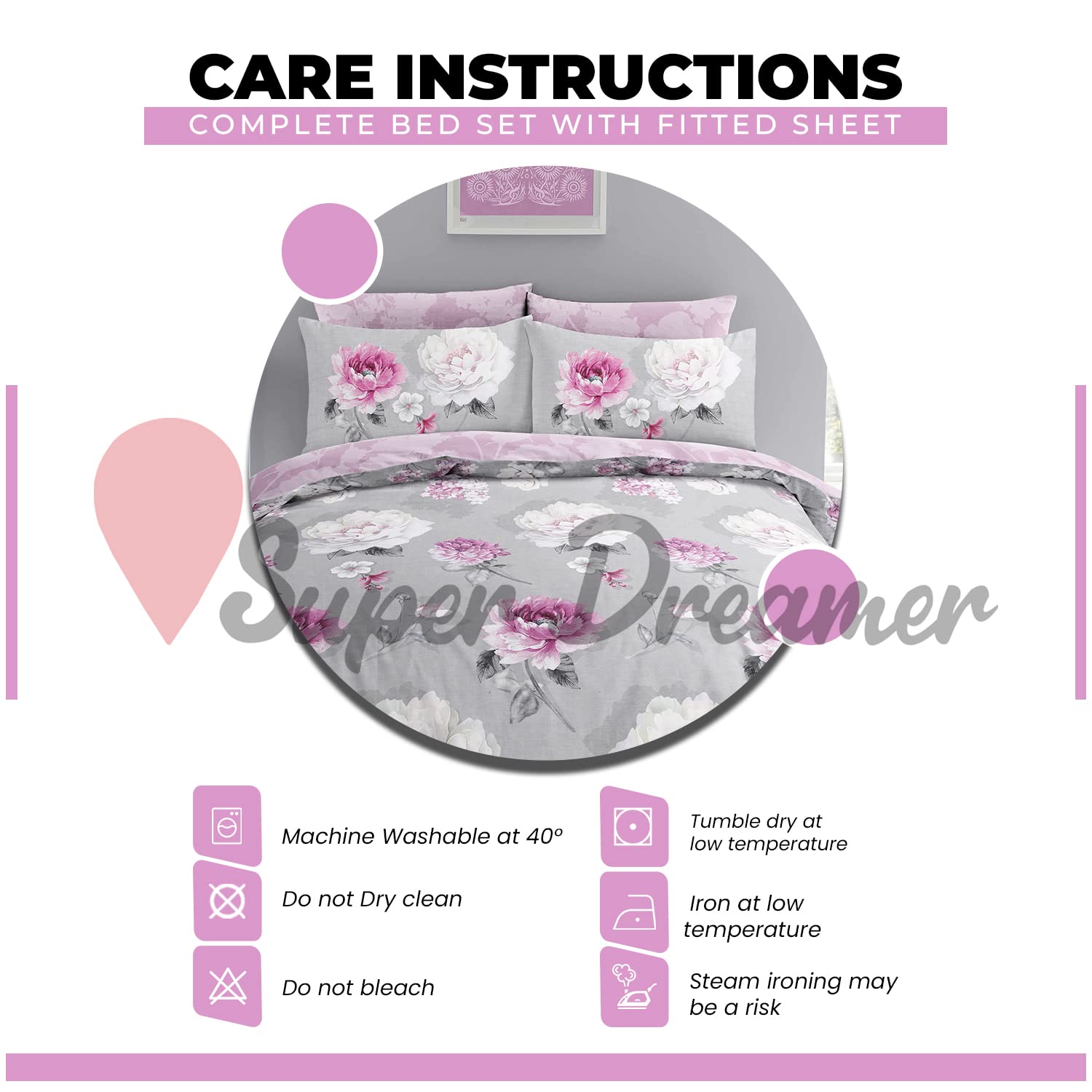 Super Dreamer Botanical Duvet Cover, Fitted Sheet With Pillow Cases, 4 Piece Floral Bedding & Linen - Image 4