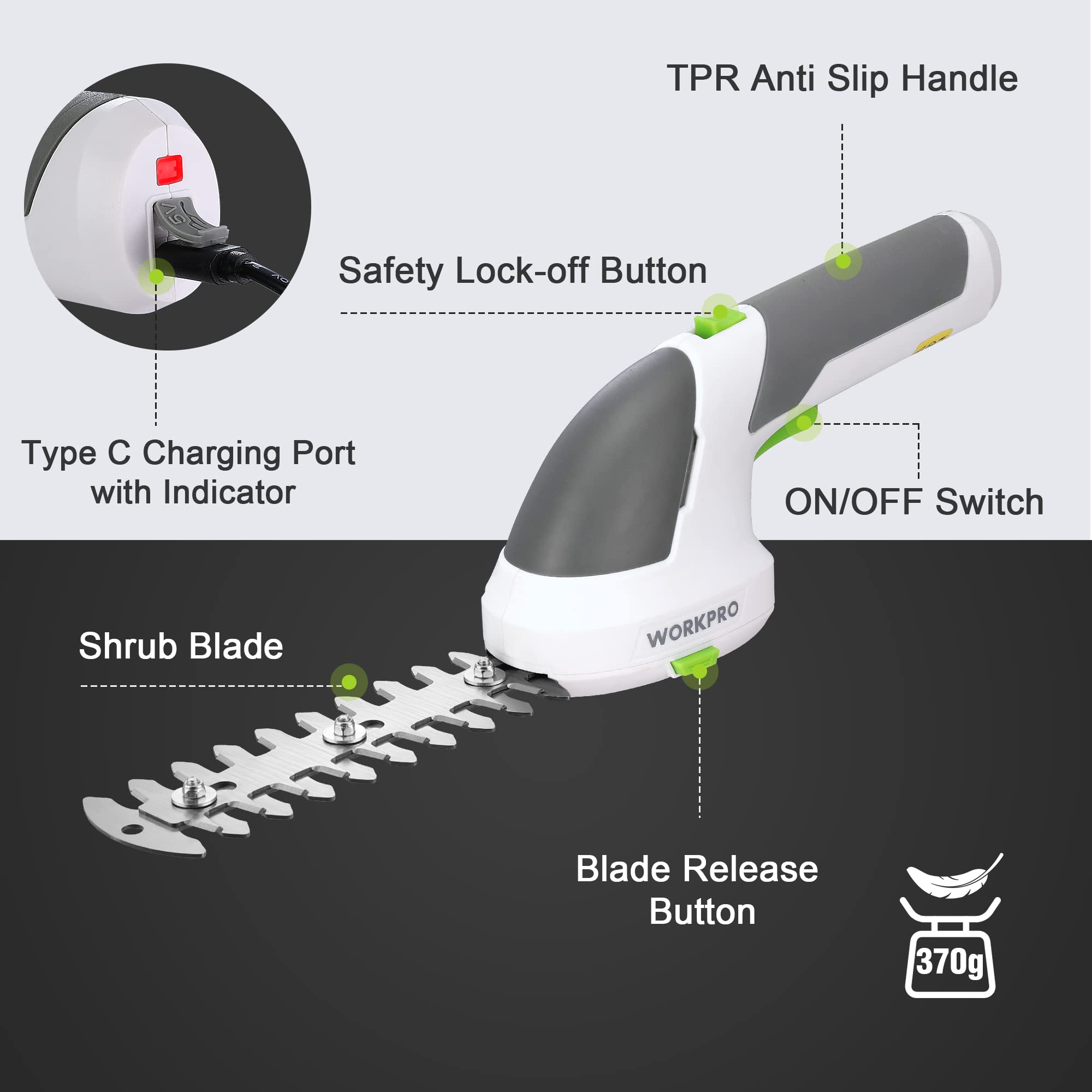 WORKPRO Cisaille Sculpte-Haie et Taille-Herbes sans Fil 7,2V | Cisaille à Gazon avec 2 Lames, Taille Haie Electrique 2 en 1 avec Batterie 2000 mAh, Câble de Charge