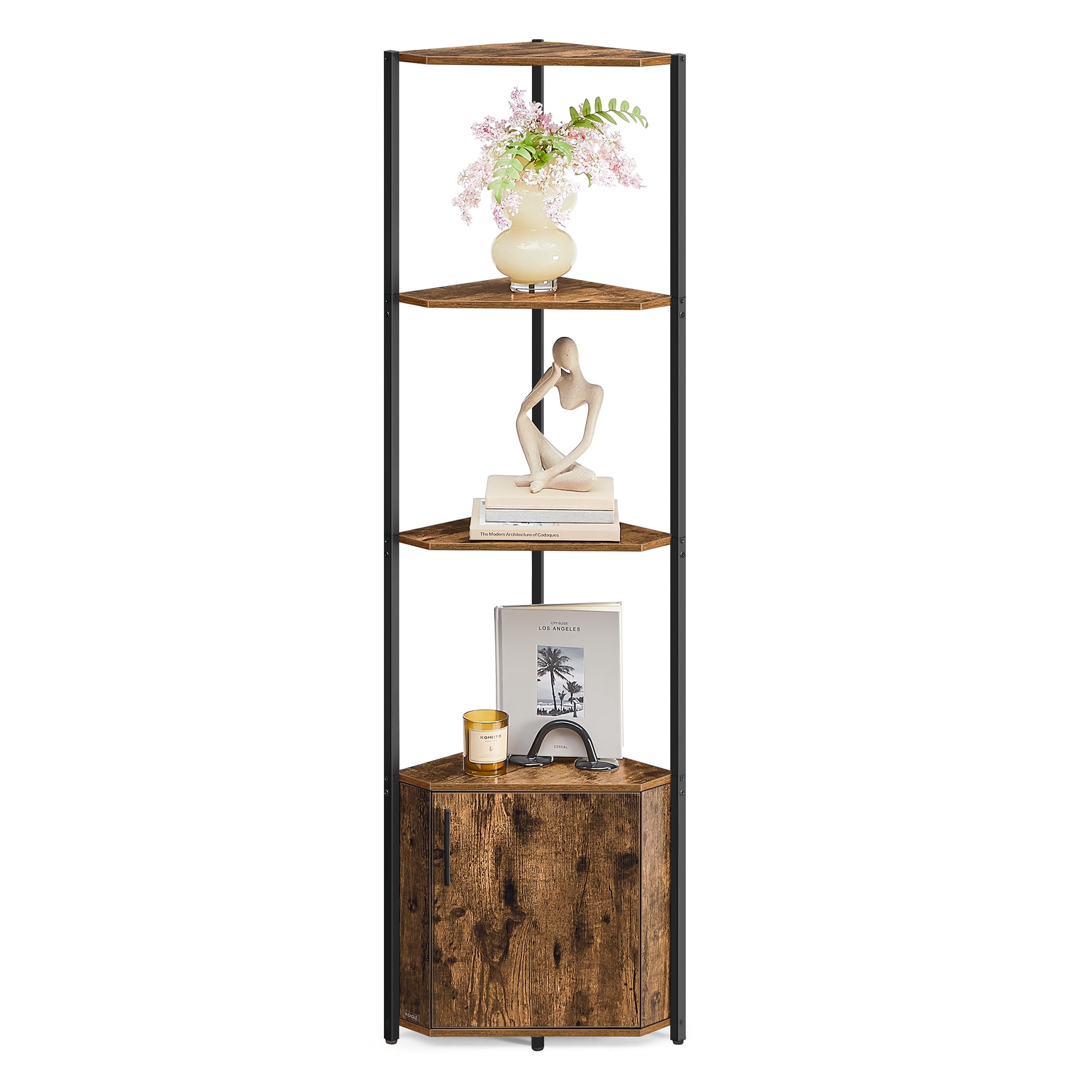 VASAGLE Scaffale Angolare con Contenitore, Libreria Angolare con 5 Ripiani, Mensola Angolare, per Soggiorno, Camera da Letto, Cucina, Bagno, Marrone Vintage e Nero Inchiostro LBC580K01