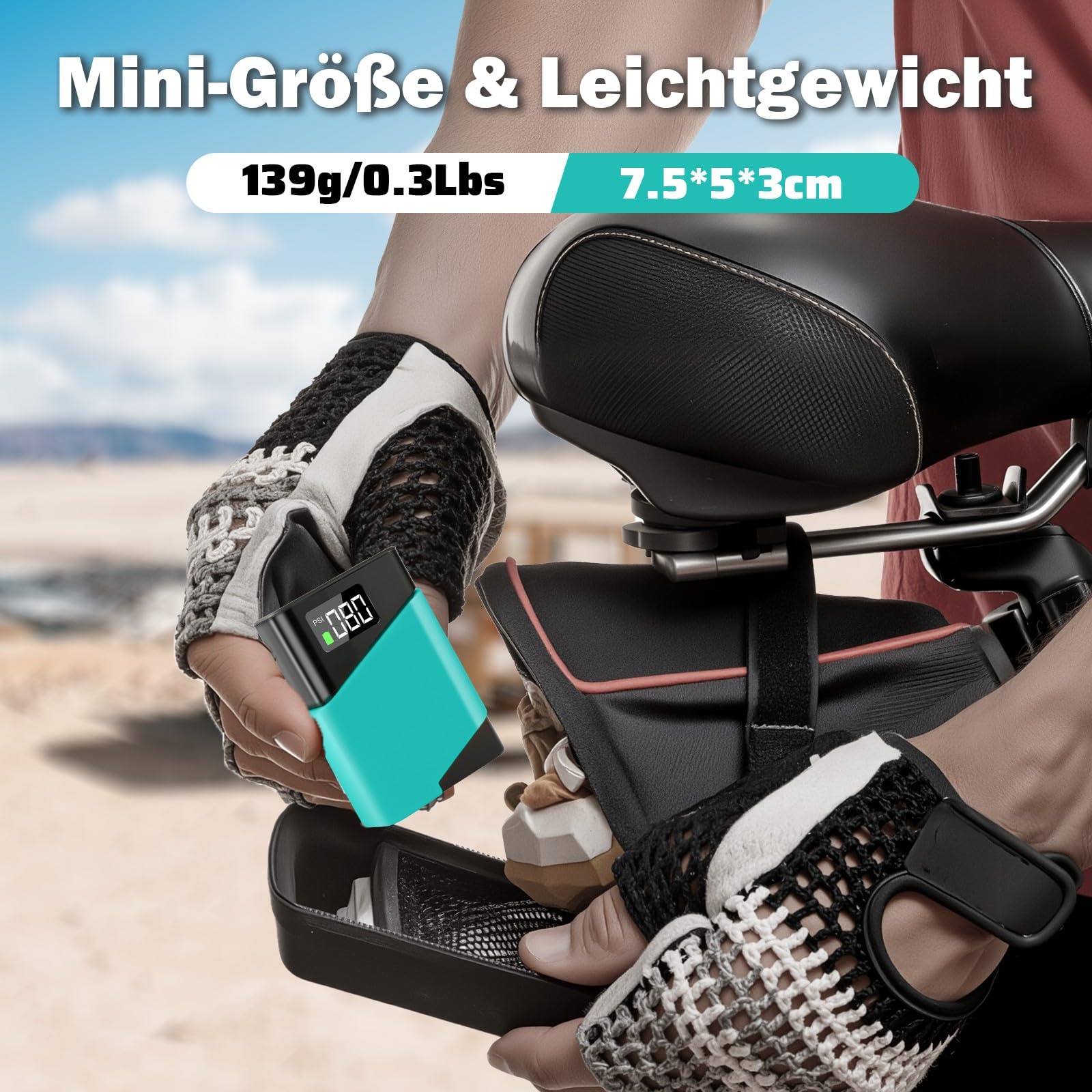 Mini Fahrradpumpe Elektrisch, tragbare Fahrradluftpumpe mit Presta- und Schrader-Ventil, geeignet für Rennrad, Motorrad, Mountainbike, Auto, Sportball