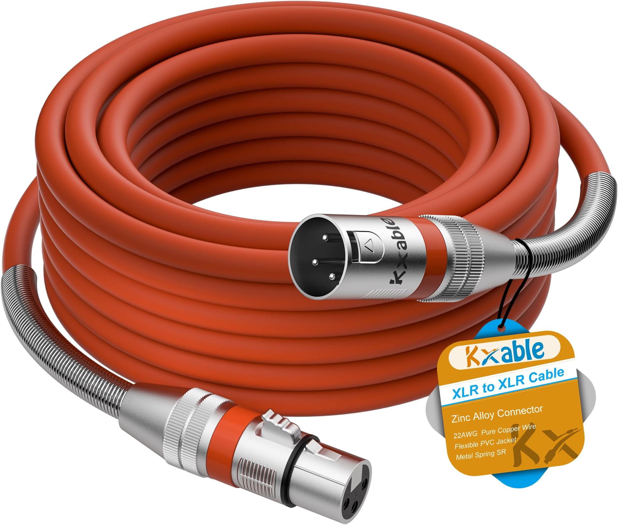 Kxable XLR Microphone Cable 15 FT, XLR Male to Female Balanced Mic Cable, 3-Pin Shielded Speaker Cord, Zinc Alloy Connectors, 22AWG Pure Copper, Metal Spring SR, Recording Studio, Podcast, Orange