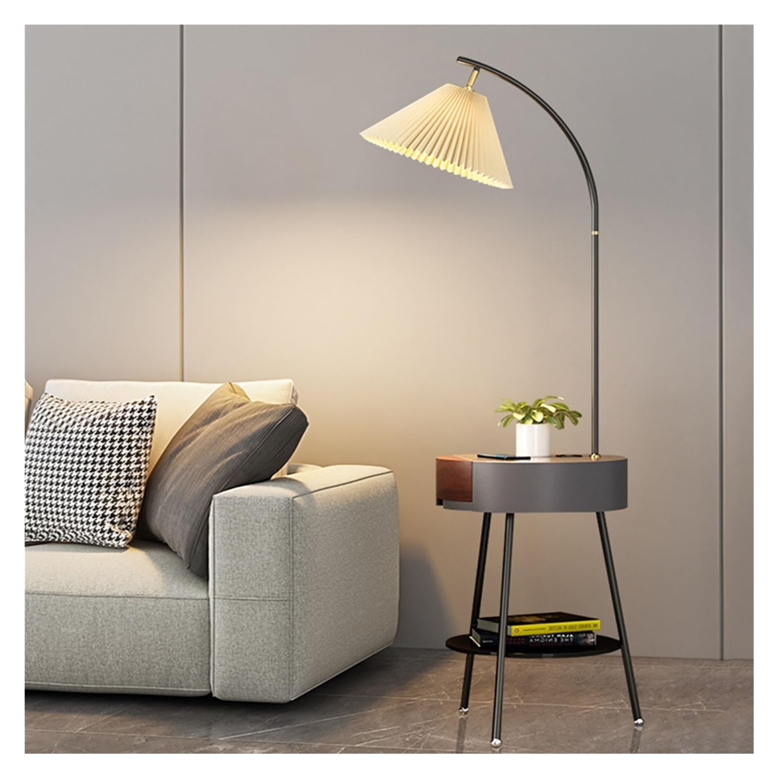 Z4T8M2K6G5 Tall Standing Lamp Floor Lamp with Table, Foor with Drawer, Side with USB Charging Port, Modern Bedside Nightstand End for Living Room, Bedroom,Guest(Gris)