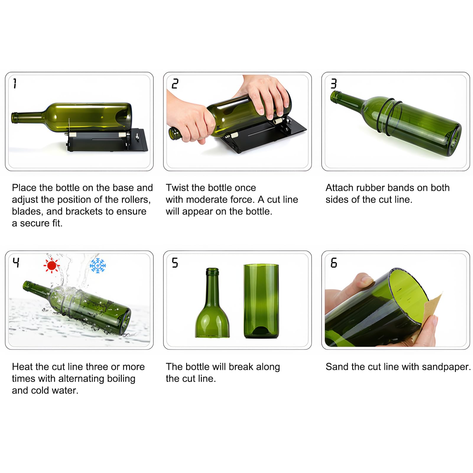 Lot de 19 coupe-bouteilles en verre - Kit DIY pour couper avec précision des bouteilles rondes carrées - Diamètre : 3,5 à 14 cm - Coupe-bouteilles en verre - Avec papier abrasif